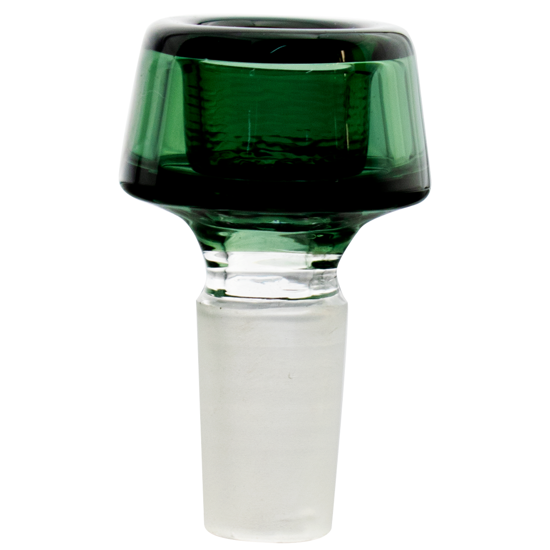 A close-up, angled view of the 7 Hole Glass Screen Bowl, showcasing its dark green glass construction. A close-up, angled view of the 7 Hole Glass Screen Bowl, showcasing its dark green glass construction.