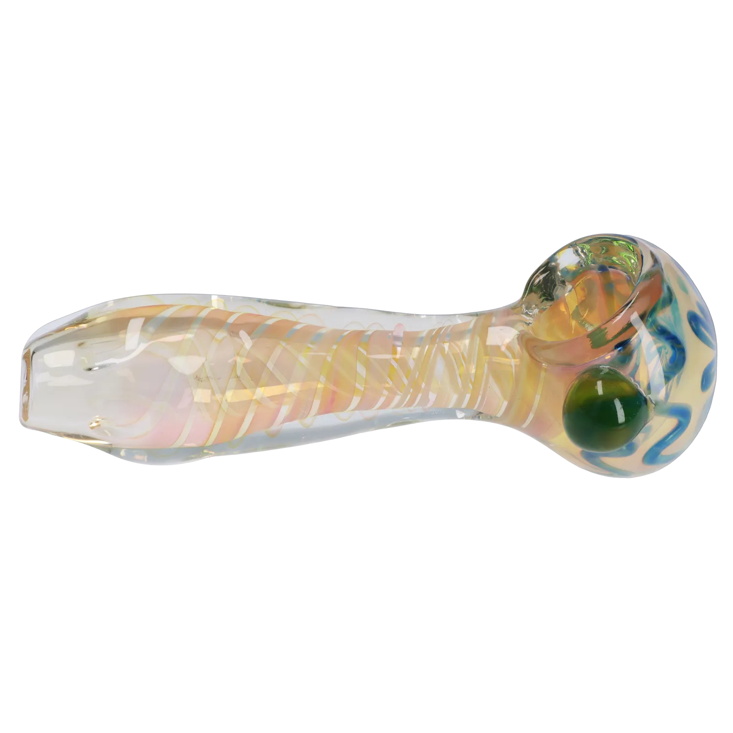 A side view of the 5-inch Gold Twisty Spoon Pipe, showcasing its swirled glass design and curved bowl. A side view of the 5-inch Gold Twisty Spoon Pipe, showcasing its swirled glass design and curved bowl.