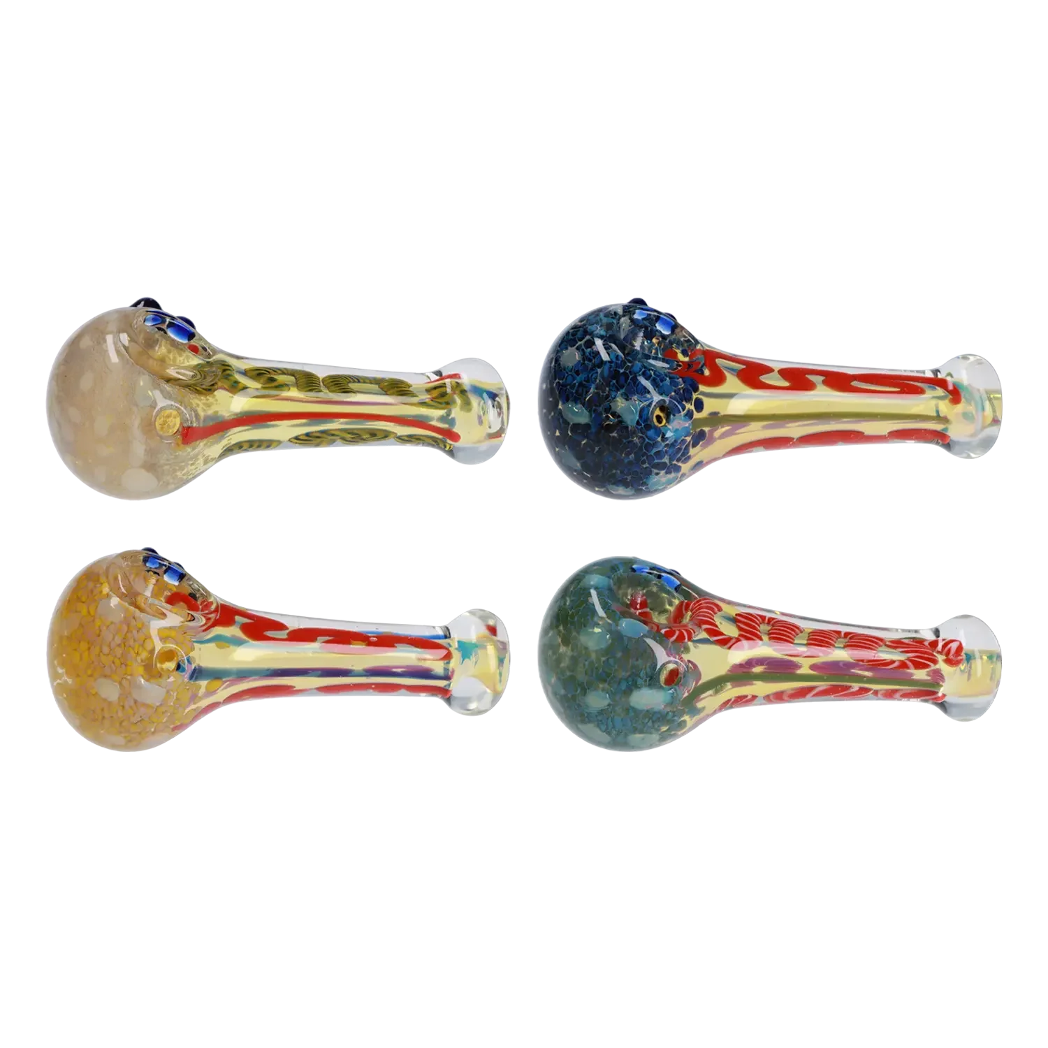 A close-up, angled view of the Frit Spoon Pipe - 5 in., showcasing its colorful glass design against a plain white background. A close-up, angled view of the Frit Spoon Pipe - 5 in., showcasing its colorful glass design against a plain white background.