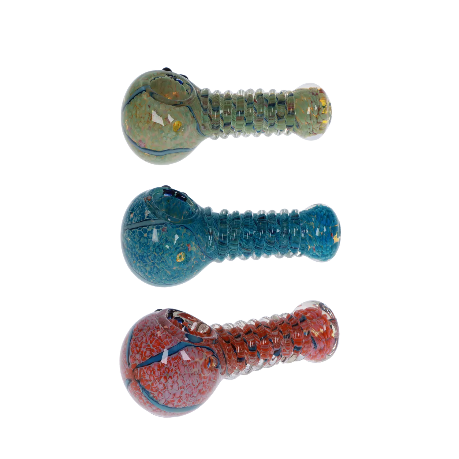 A close-up, angled view of the Twisty Wrap Spoon Pipe - 5in., featuring a colorful, textured design. A close-up, angled view of the Twisty Wrap Spoon Pipe - 5in., featuring a colorful, textured design.