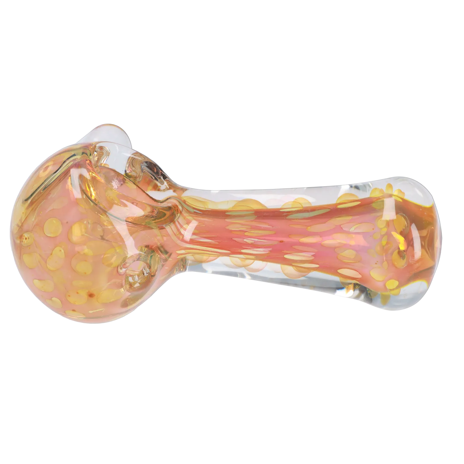 A side view of the 4.5-inch Frit Twisty Spoon Pipe, showcasing its colorful glass swirls and curved design. A side view of the 4.5-inch Frit Twisty Spoon Pipe, showcasing its colorful glass swirls and curved design.