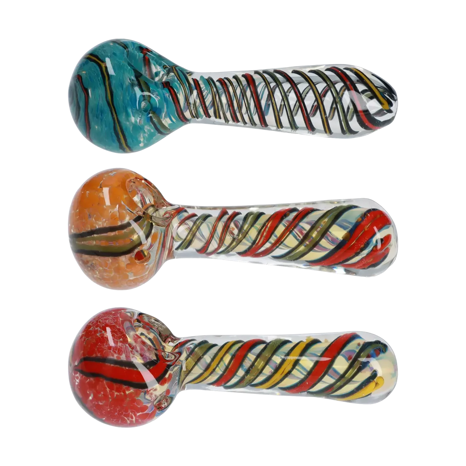 Front view of the 4.5-inch Frit Spoon Pipe, showing a glass pipe with colorful frit patterns. Front view of the 4.5-inch Frit Spoon Pipe, showing a glass pipe with colorful frit patterns.