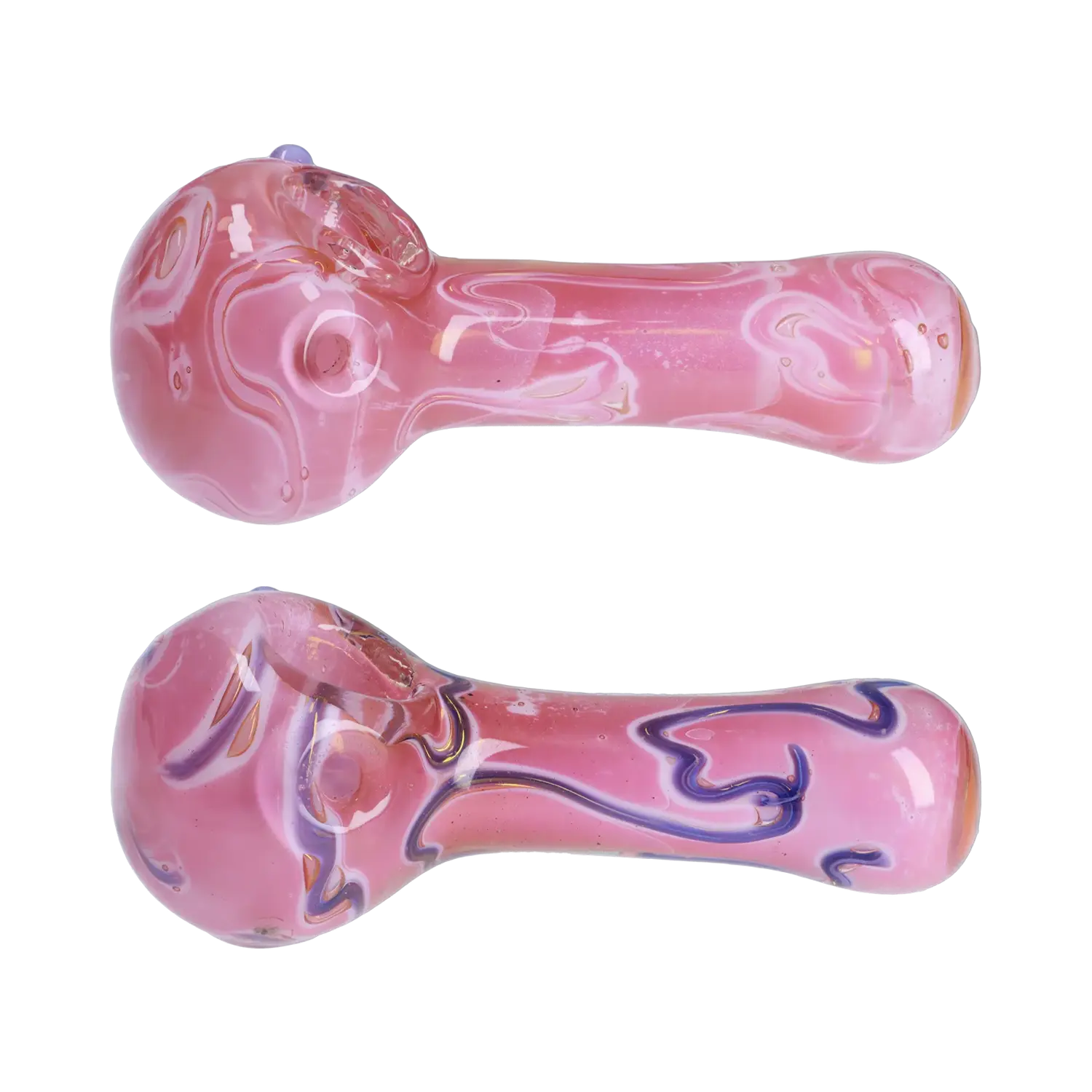 A slightly angled view of the 4-inch Slime Spoon, a colorful glass pipe with swirling patterns. A slightly angled view of the 4-inch Slime Spoon, a colorful glass pipe with swirling patterns.