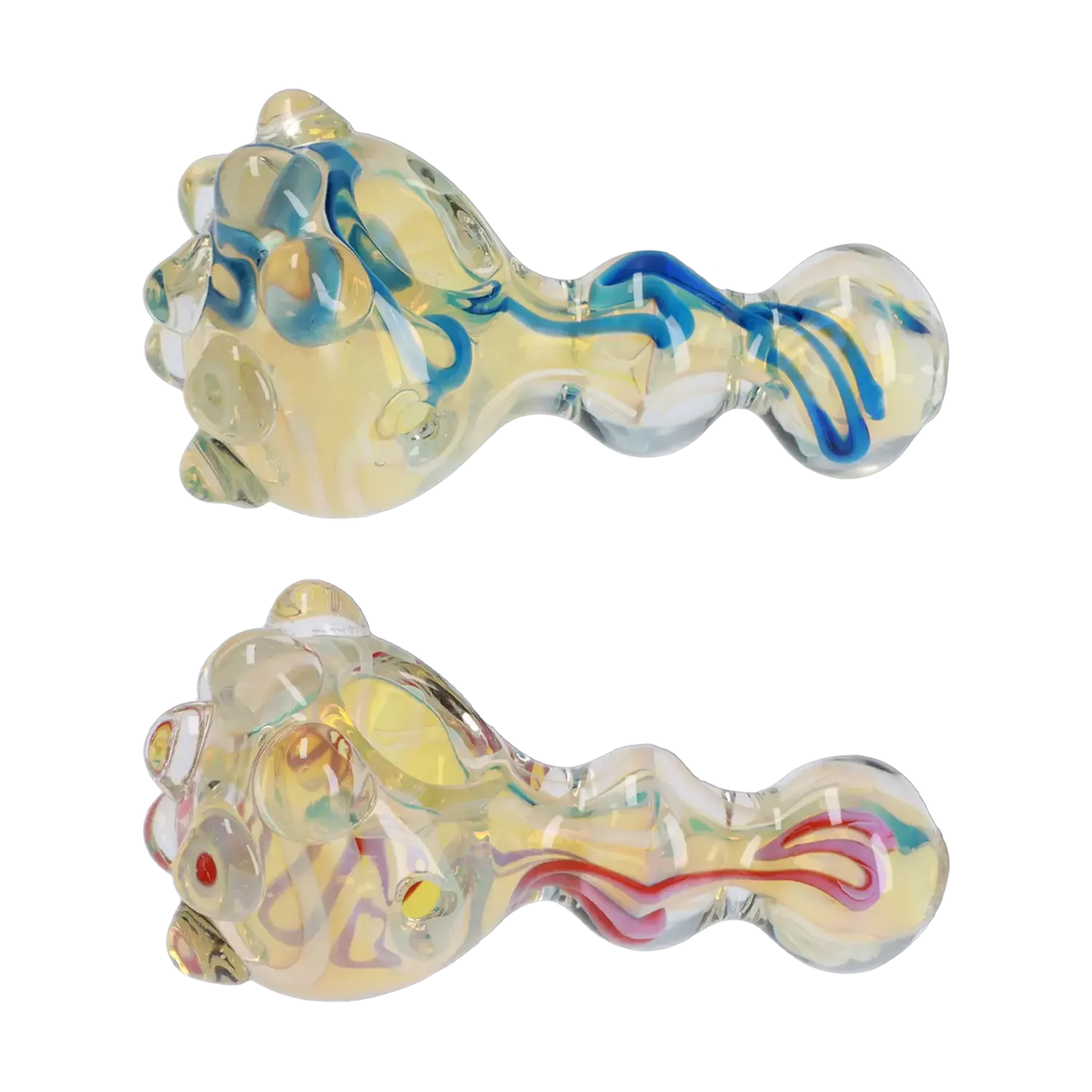 A detailed view of the Multi-Marble Spoon Pipe - 4.5 in., showcasing swirling marble patterns within the clear glass design. A detailed view of the Multi-Marble Spoon Pipe - 4.5 in., showcasing swirling marble patterns within the clear glass design.