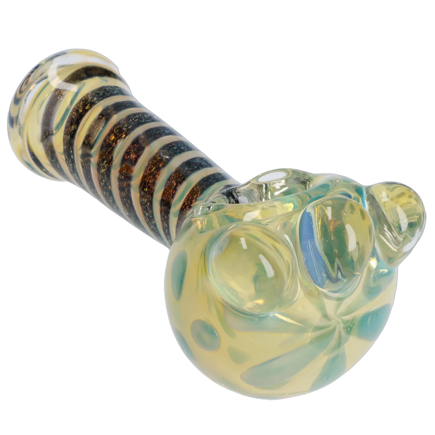 A slightly angled view of the 4.5-inch Dicro Spoon Pipe, featuring a striped glass design. A slightly angled view of the 4.5-inch Dicro Spoon Pipe, featuring a striped glass design.