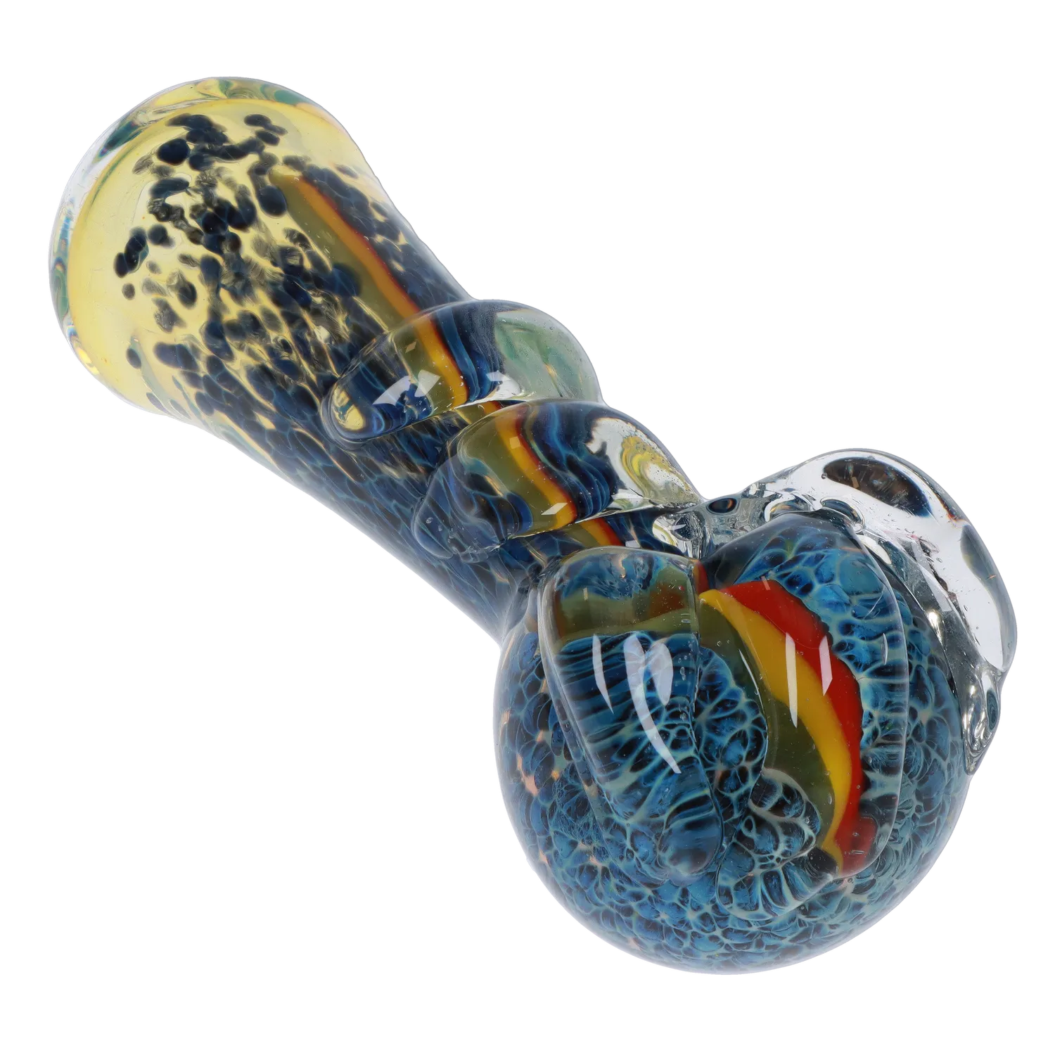 A detailed side view of the 5.5-inch Heavy Marble Spoon Pipe, showcasing its colorful, swirling glass design. A detailed side view of the 5.5-inch Heavy Marble Spoon Pipe, showcasing its colorful, swirling glass design.