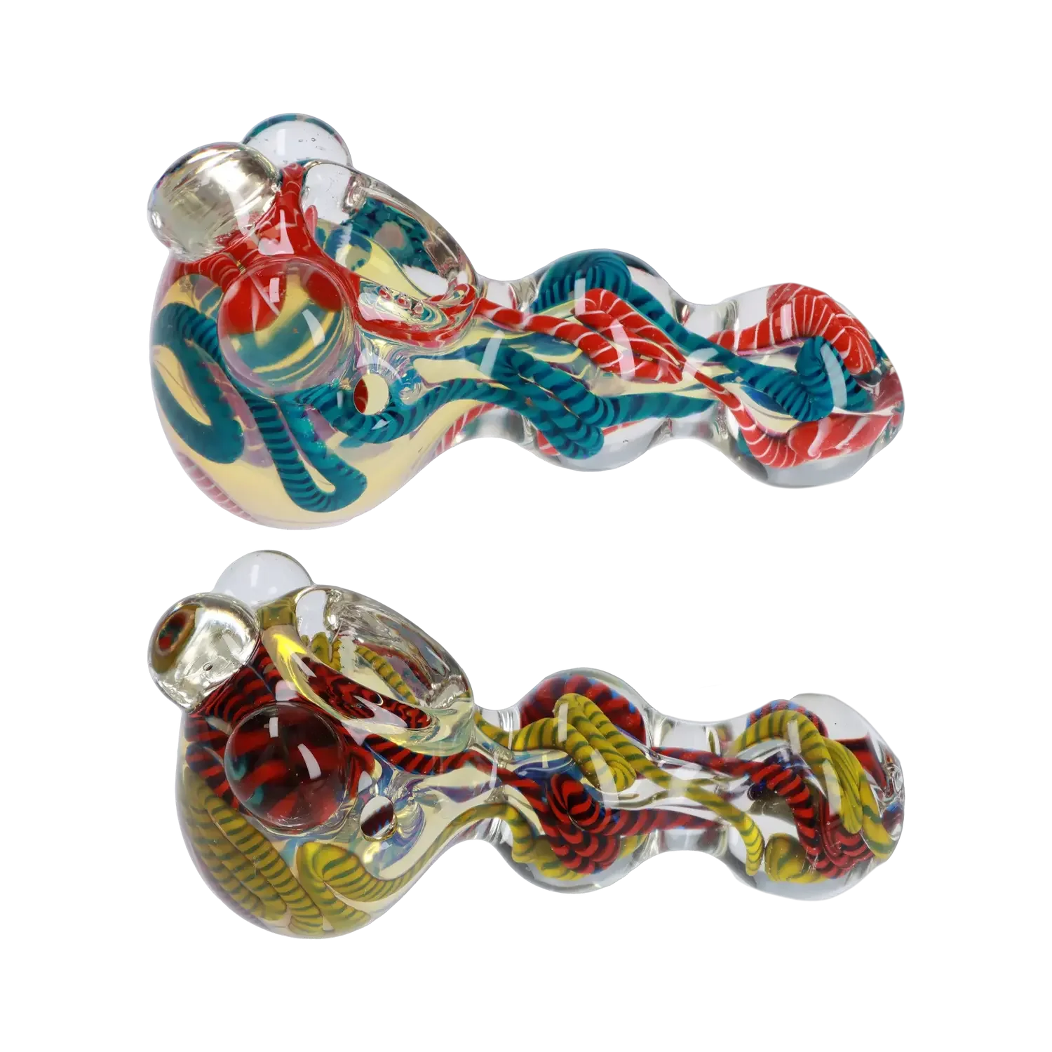 A close-up, angled view of the Twisty Color Marble Spoon Pipe – 4.5 in., showcasing its colorful, swirling glass design. A close-up, angled view of the Twisty Color Marble Spoon Pipe – 4.5 in., showcasing its colorful, swirling glass design.