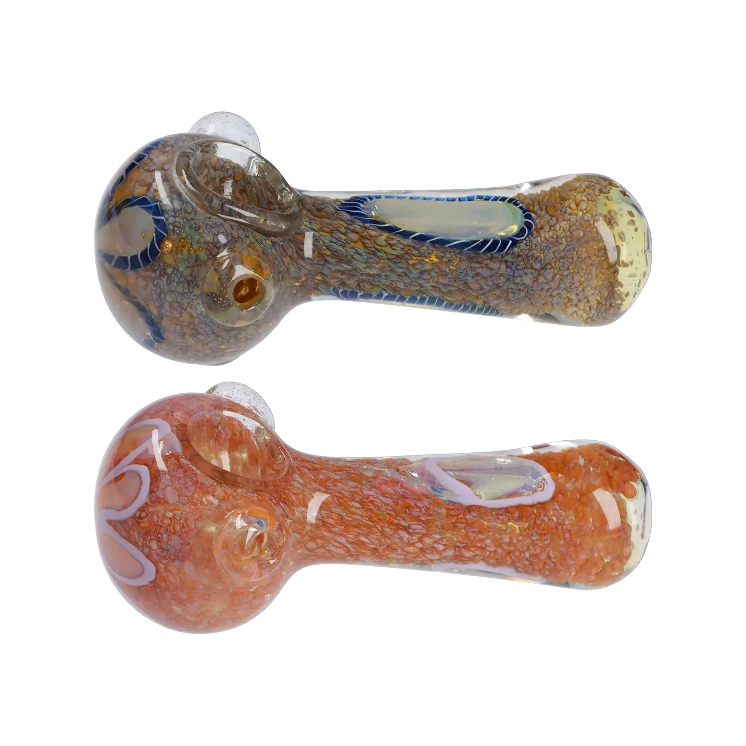A close-up, angled view of the Frit Eye Spoon Pipe - 4.5 in., showcasing its colorful frit pattern against a plain white background. A close-up, angled view of the Frit Eye Spoon Pipe - 4.5 in., showcasing its colorful frit pattern against a plain white background.