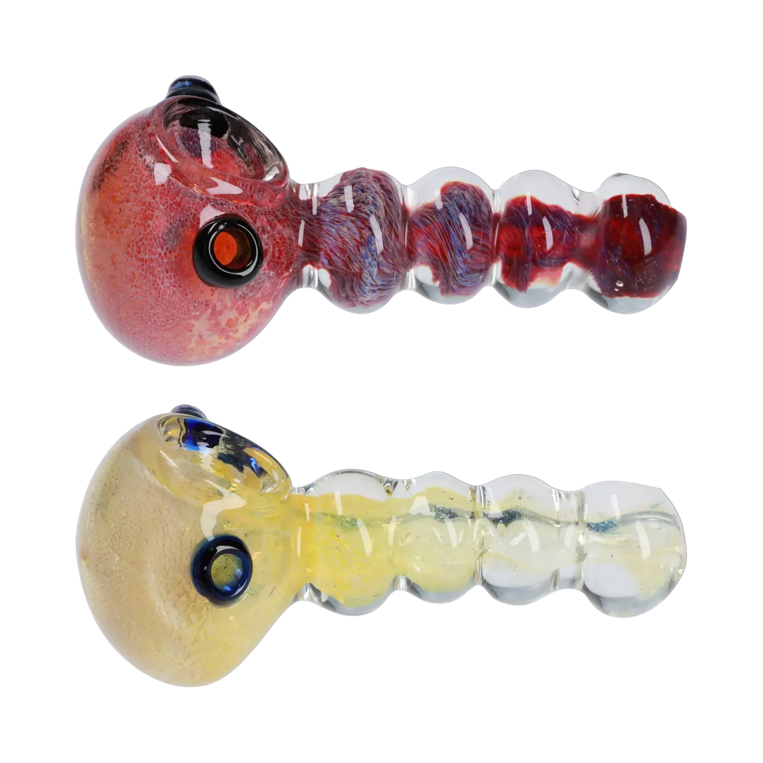A close-up of the Frit Head with Marbles Spoon Pipe - 5 in., showing a colorful frit head and marbled glass body. A close-up of the Frit Head with Marbles Spoon Pipe - 5 in., showing a colorful frit head and marbled glass body.