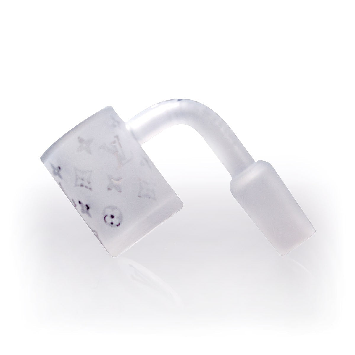 Close-up of the LV Frosted Graphics Quartz Banger, displaying a translucent, frosted glass texture and simple cylindrical shape. Close-up of the LV Frosted Graphics Quartz Banger, displaying a translucent, frosted glass texture and simple cylindrical shape.