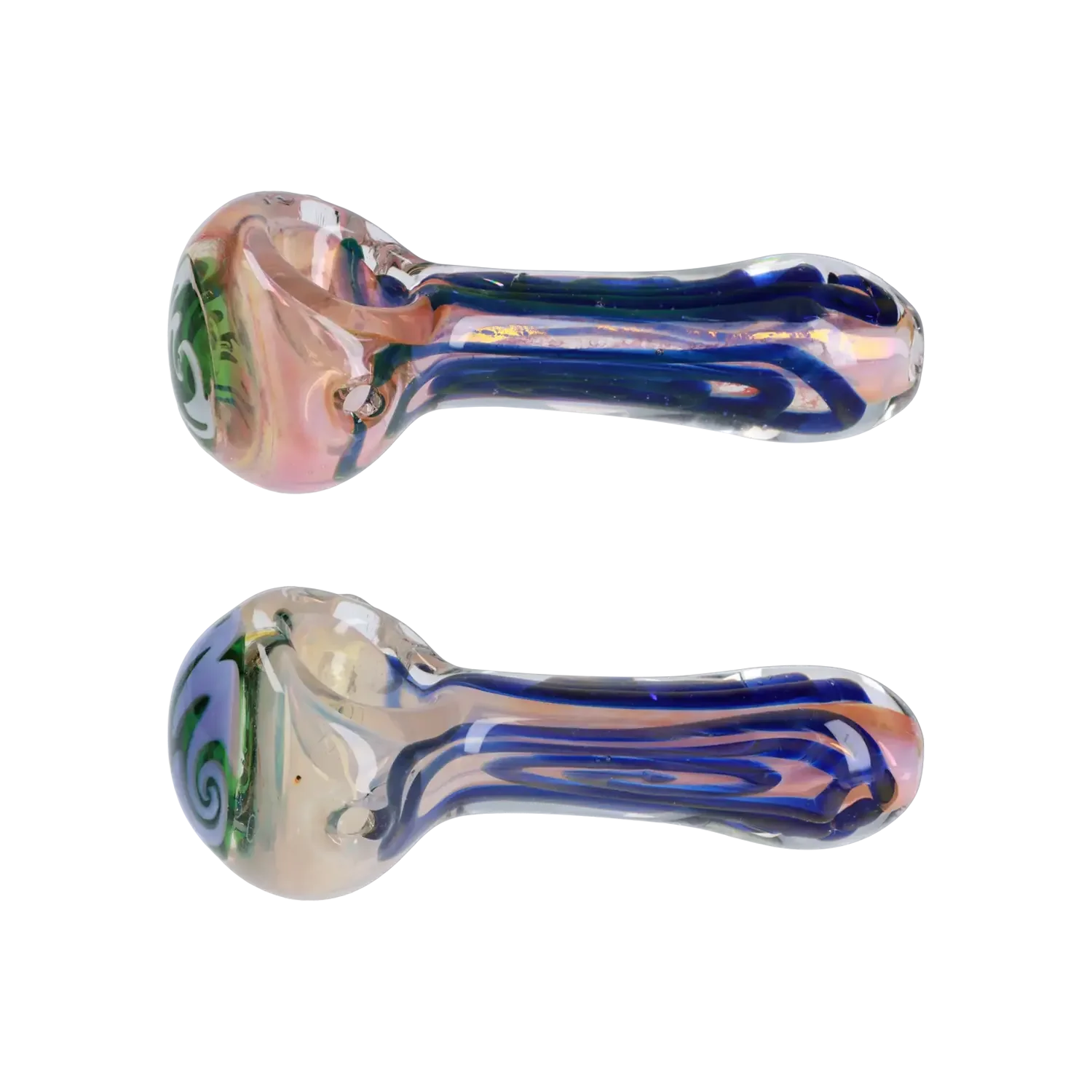 A close-up, angled view of the Frit Blood Color Art Pipe - 4 in., showing its vibrant red and blue glass swirls. A close-up, angled view of the Frit Blood Color Art Pipe - 4 in., showing its vibrant red and blue glass swirls.