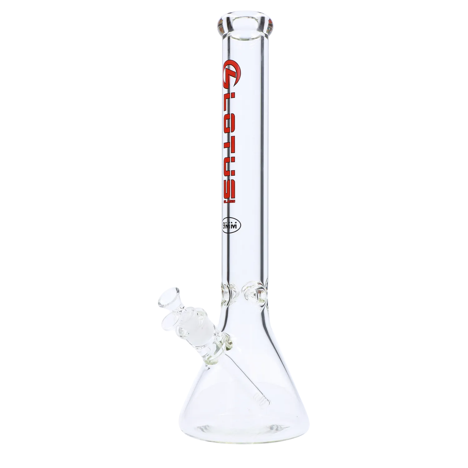 Front view of the 9mm Water Pipe - 18 in., a tall, clear glass water pipe with a simple beaker shape. Front view of the 9mm Water Pipe - 18 in., a tall, clear glass water pipe with a simple beaker shape.