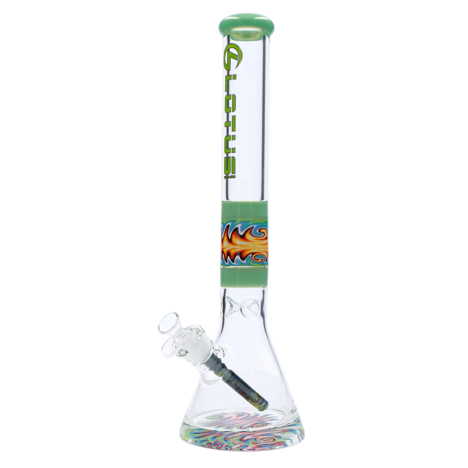 A front view of the 18-inch 9mm Wig Wag water pipe, displaying a green accent around the mouthpiece of the clear glass tube. A front view of the 18-inch 9mm Wig Wag water pipe, displaying a green accent around the mouthpiece of the clear glass tube.