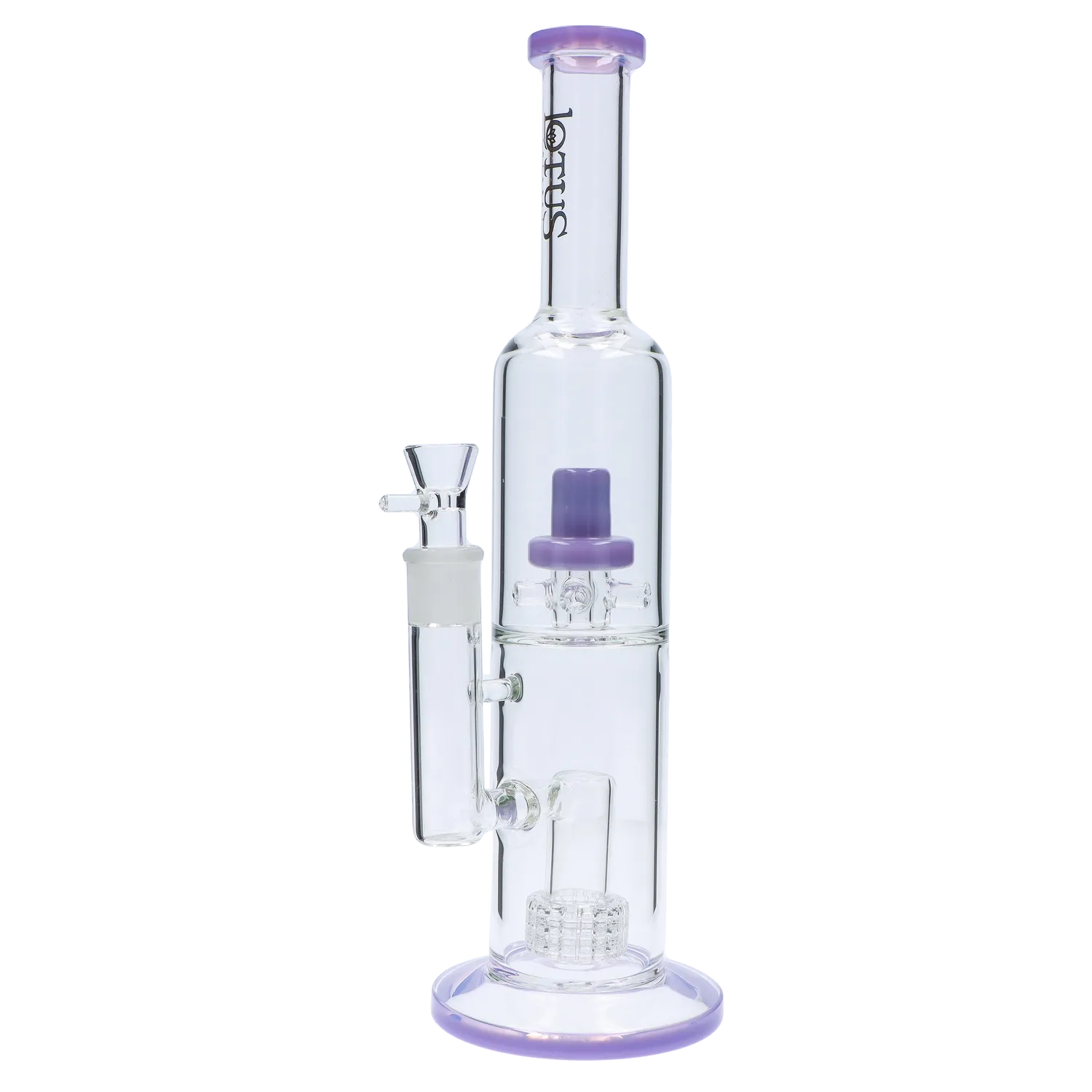 A front view of the 15-inch Dual Perc with Color Accents Water Pipe, showing the clear glass with colorful accents near the base. A front view of the 15-inch Dual Perc with Color Accents Water Pipe, showing the clear glass with colorful accents near the base.