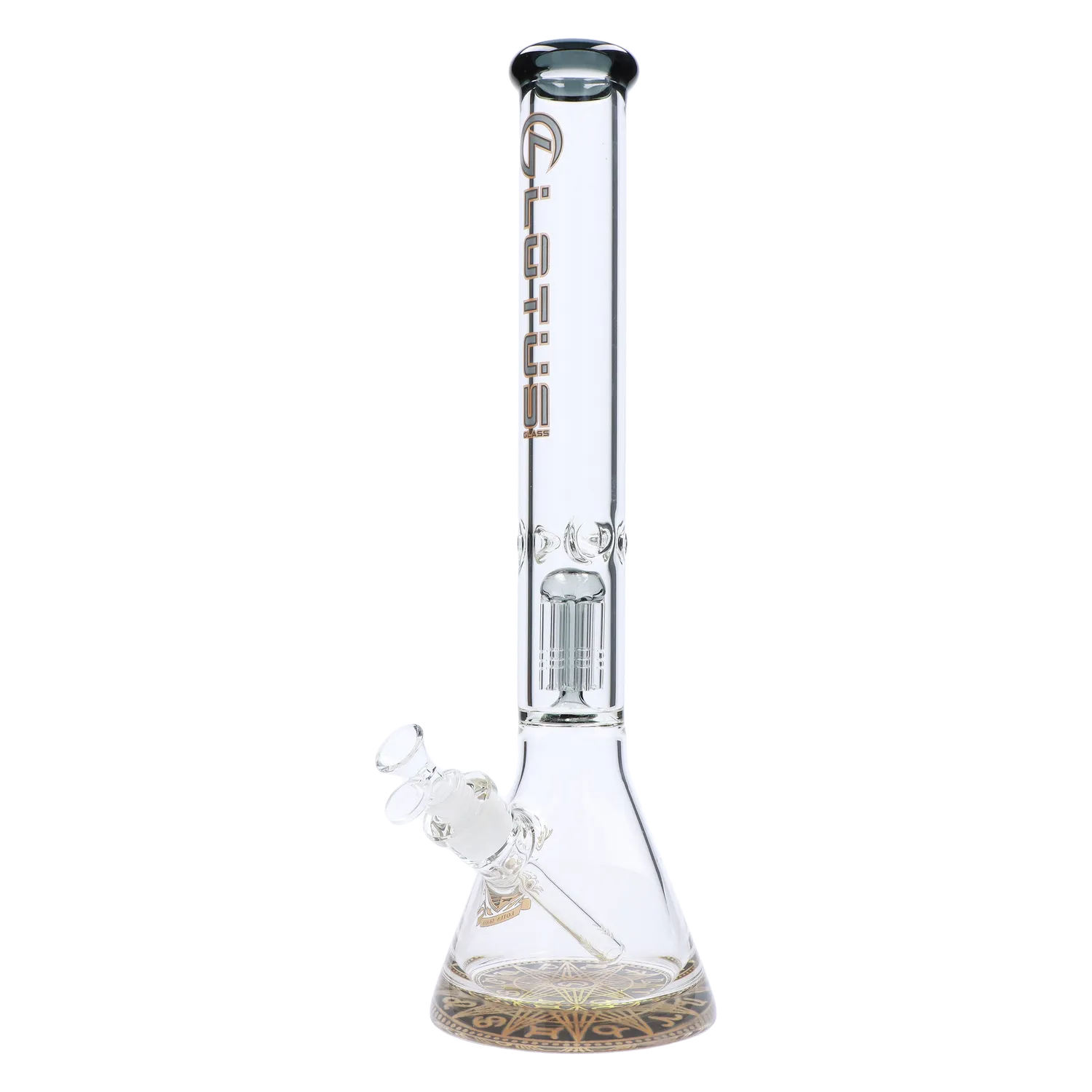 Front view of the 18-inch 9mm Water Pipe with Tree Perc, showcasing its clear glass construction and downward angled neck. Front view of the 18-inch 9mm Water Pipe with Tree Perc, showcasing its clear glass construction and downward angled neck.