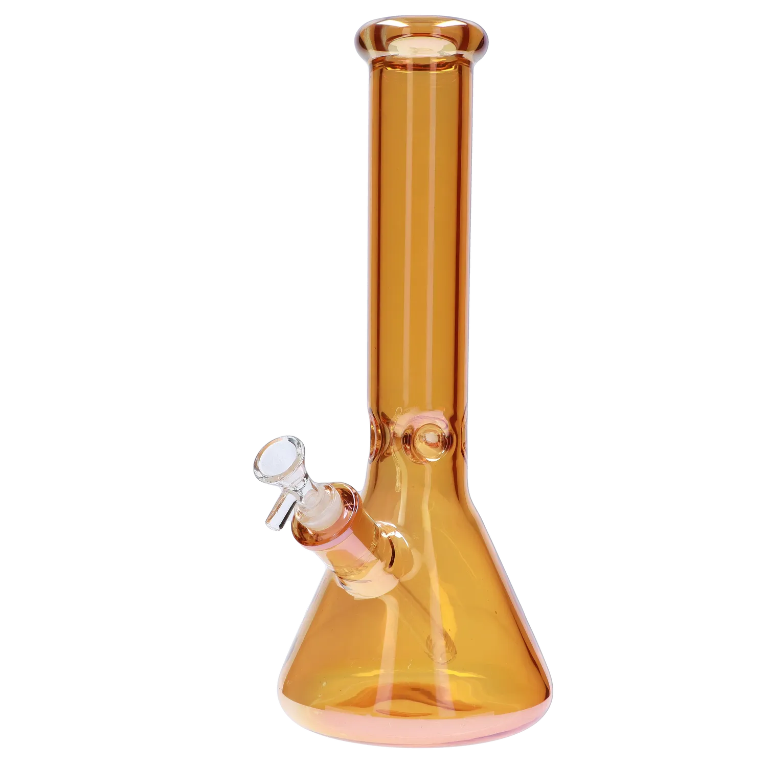 A front view of the 16-inch Electroplated Beaker Water Pipe, featuring a reflective, amber-toned glass construction. A front view of the 16-inch Electroplated Beaker Water Pipe, featuring a reflective, amber-toned glass construction.