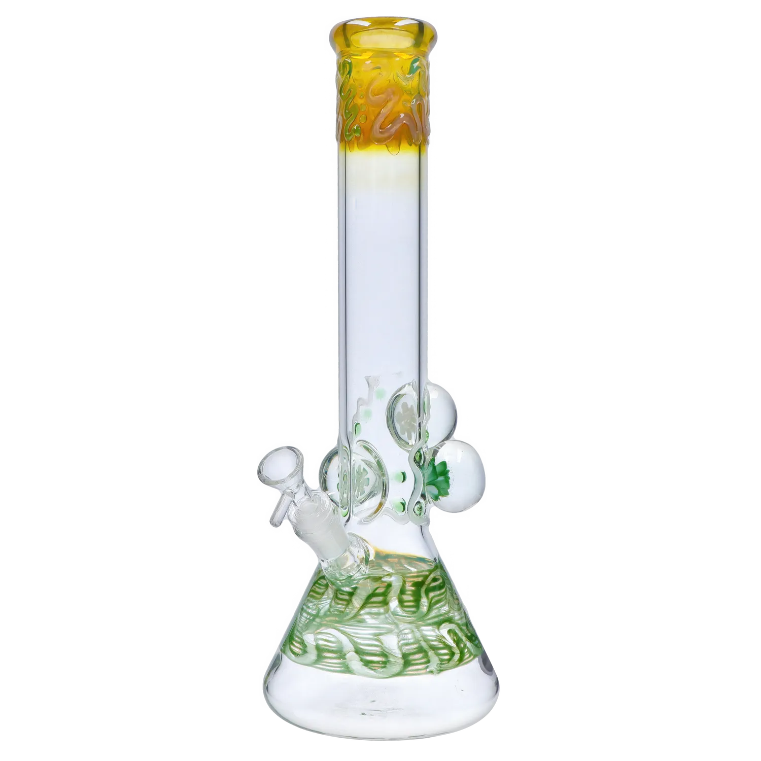 Front view of the 18-inch Mushroom Marble Water Pipe, showing a clear glass pipe with marbled accents. Front view of the 18-inch Mushroom Marble Water Pipe, showing a clear glass pipe with marbled accents.