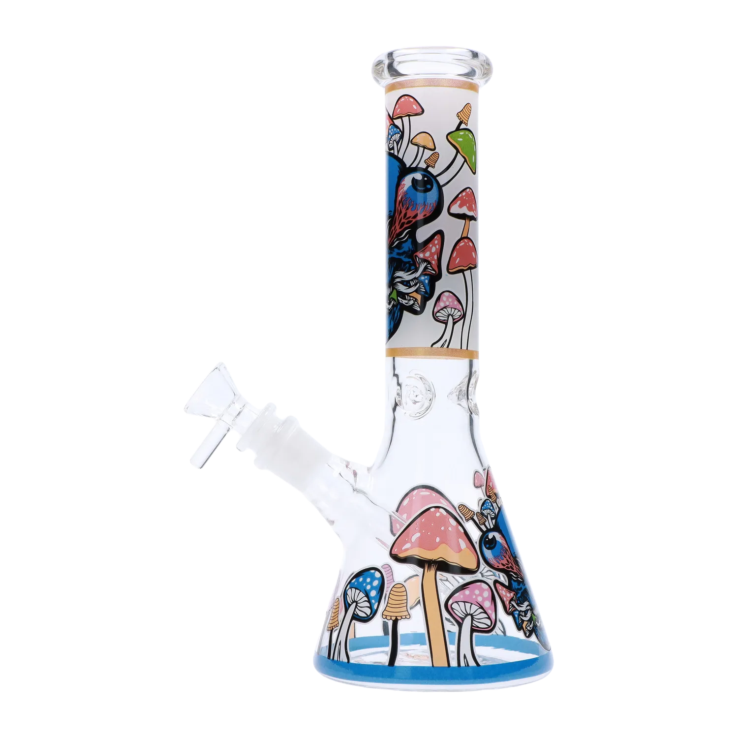 Front view of the 10-inch Mushroom Design Water Pipe, showcasing a vibrant, patterned glass body with a flared base. Front view of the 10-inch Mushroom Design Water Pipe, showcasing a vibrant, patterned glass body with a flared base.