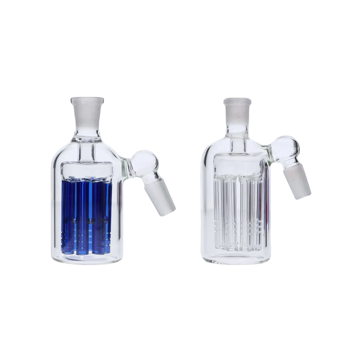 Front view of the Colored Tree Perc Ash Catcher with a blue tree perc, displaying its 45-degree angle and male 14mm joint. Front view of the Colored Tree Perc Ash Catcher with a blue tree perc, displaying its 45-degree angle and male 14mm joint.