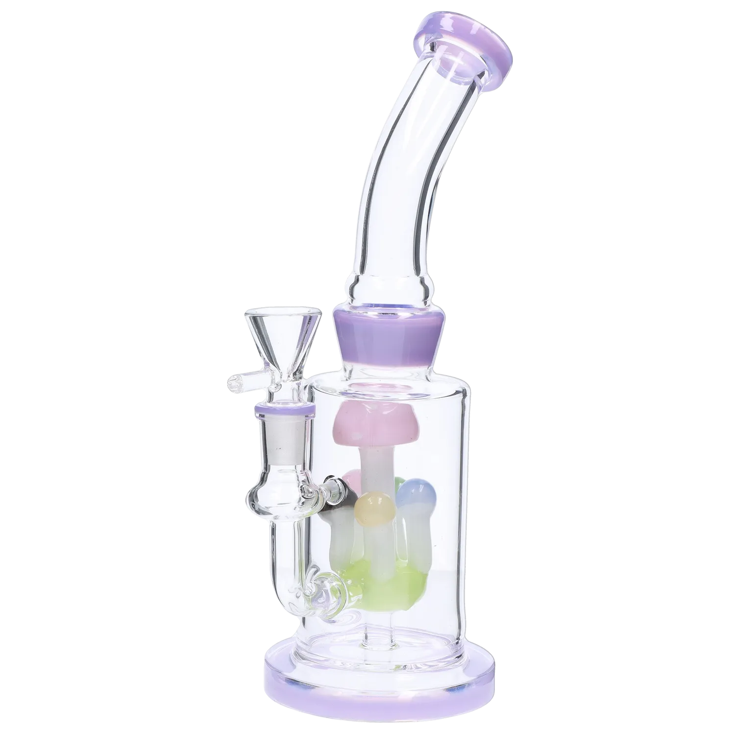 Front view of the 9-inch Multi-Mushroom Perc Water Pipe, displaying a clear glass body with colorful mushroom-shaped percolators. Front view of the 9-inch Multi-Mushroom Perc Water Pipe, displaying a clear glass body with colorful mushroom-shaped percolators.