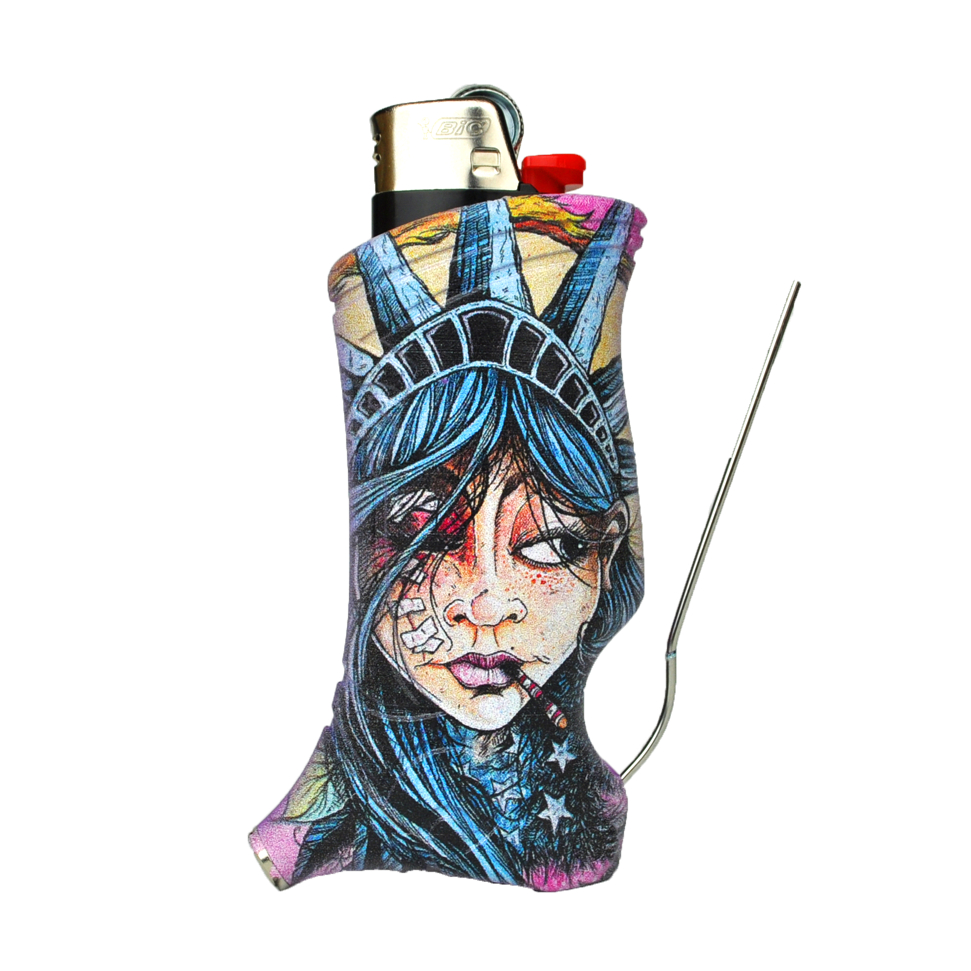 Close-up of the Lady Liberty & Friends BIC Multi-Tool Lighter Sleeve with a detailed portrait design and angled display. Close-up of the Lady Liberty & Friends BIC Multi-Tool Lighter Sleeve with a detailed portrait design and angled display.