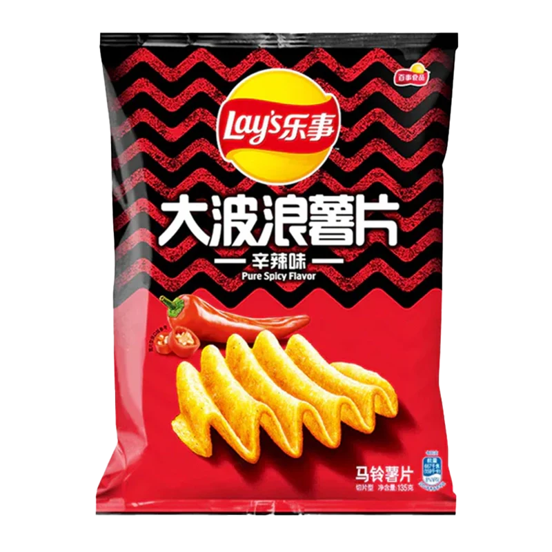 A close-up, front view of Lay's Chips - Wavy Pure Spicy, showcasing the ridged chips in a vibrant red bag. A close-up, front view of Lay's Chips - Wavy Pure Spicy, showcasing the ridged chips in a vibrant red bag.