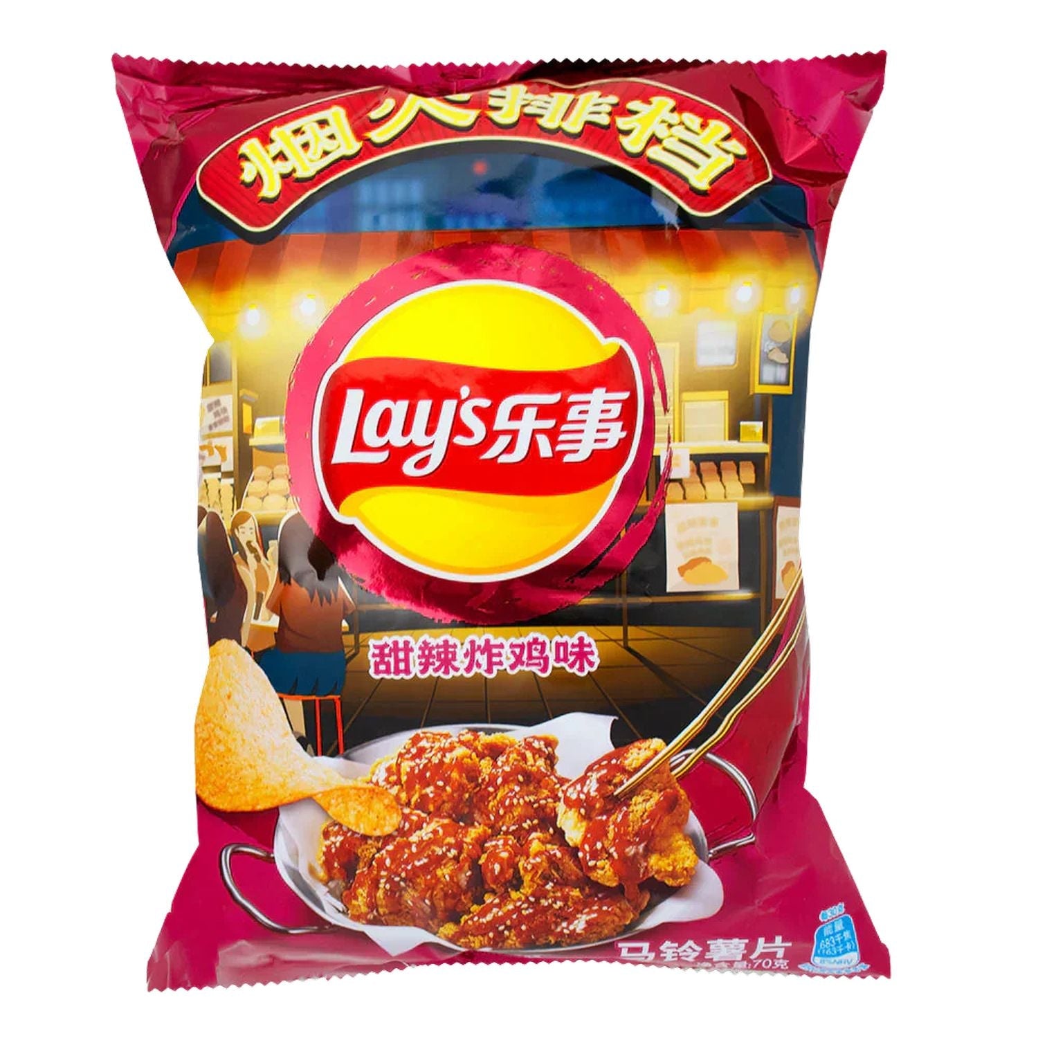 A front view of Lay's Sweet & Sour Chicken chips in a vibrant, colorful package with product imagery. A front view of Lay's Sweet & Sour Chicken chips in a vibrant, colorful package with product imagery.