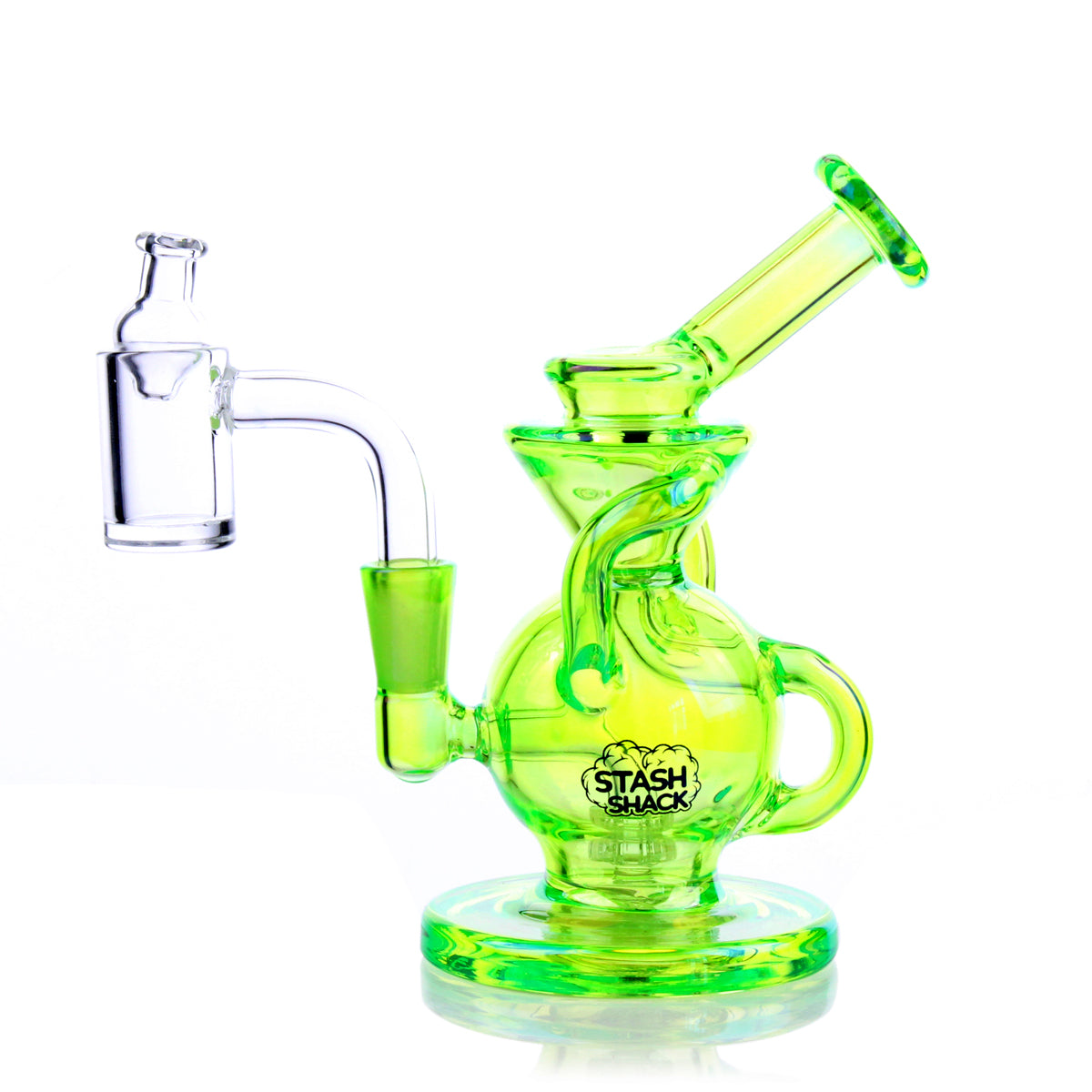 A three-quarter view of the Lirio Mini Rig, showcasing the compact glass rig’s smooth curves and clear construction. A three-quarter view of the Lirio Mini Rig, showcasing the compact glass rig’s smooth curves and clear construction.