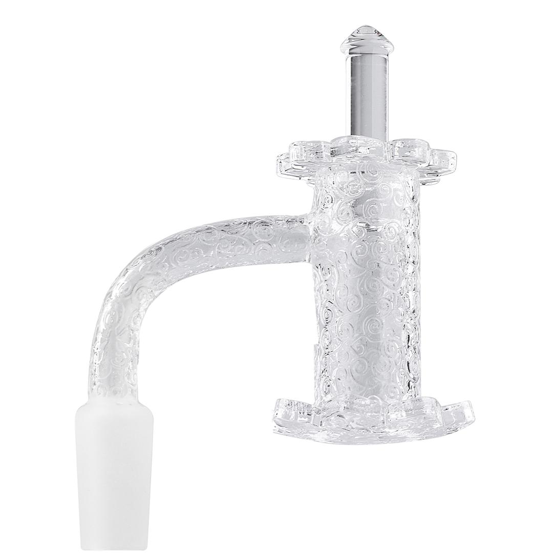 A detailed close-up of the Lotus Etched Quartz Blender Banger Set, showing its clear quartz construction and intricate etched design. A detailed close-up of the Lotus Etched Quartz Blender Banger Set, showing its clear quartz construction and intricate etched design.