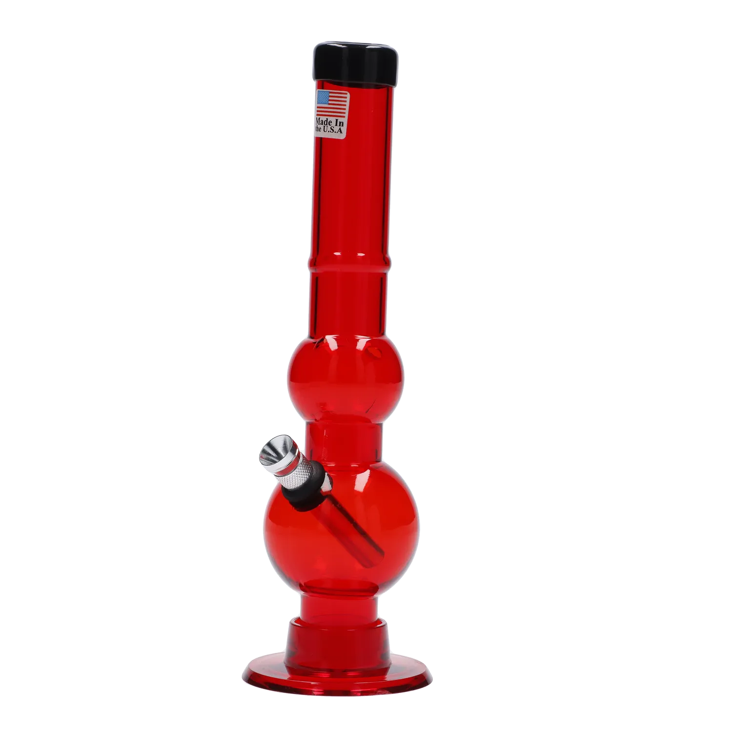 Front view of the 8-inch JM Plastics Double Bubble with Grip and Carb Hole Acrylic Water Pipe, showcasing its red, rounded shape. Front view of the 8-inch JM Plastics Double Bubble with Grip and Carb Hole Acrylic Water Pipe, showcasing its red, rounded shape.