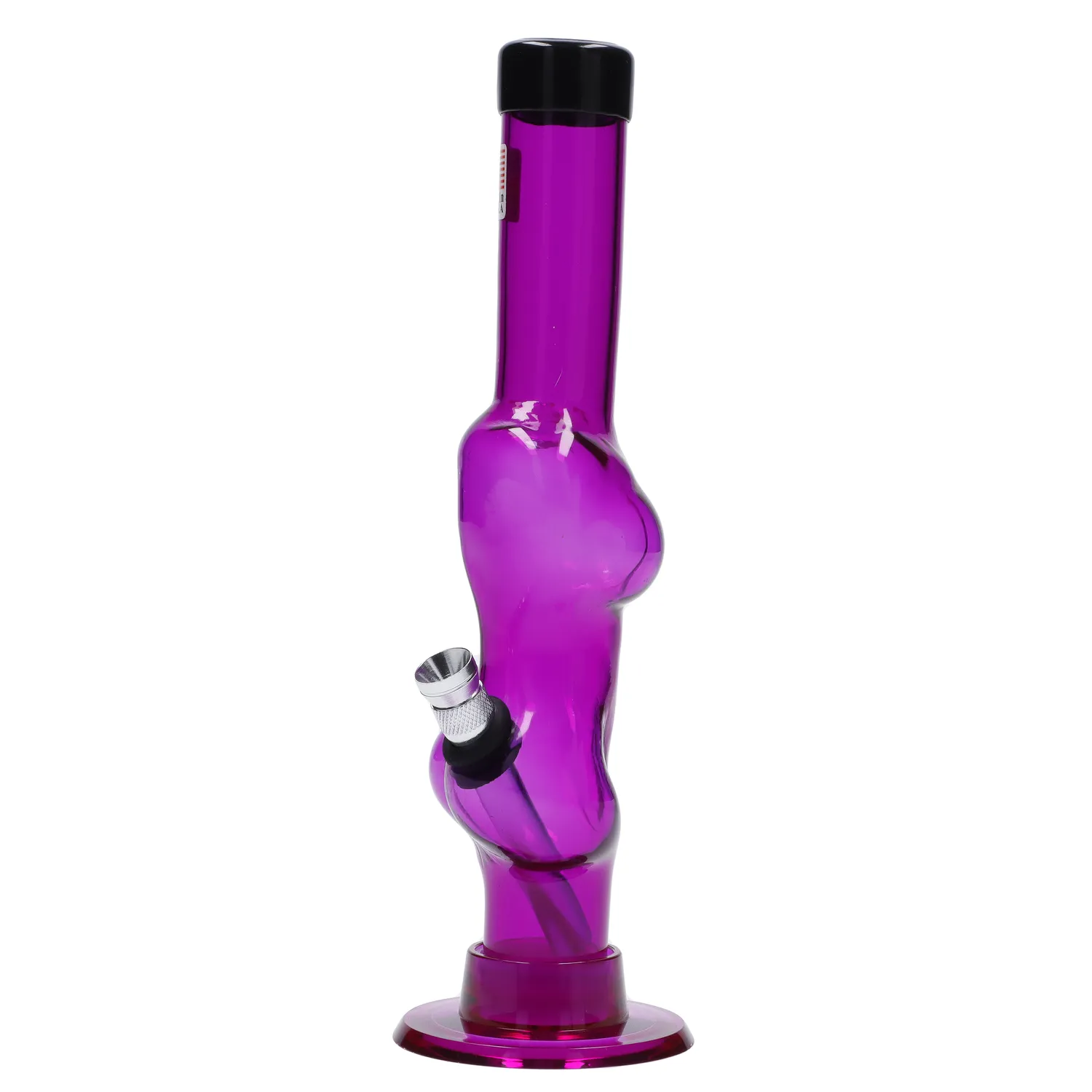 A front view of the 8-inch JM Plastics Serving Body Acrylic Water Pipe, showcasing its uniquely shaped, translucent purple form. A front view of the 8-inch JM Plastics Serving Body Acrylic Water Pipe, showcasing its uniquely shaped, translucent purple form.