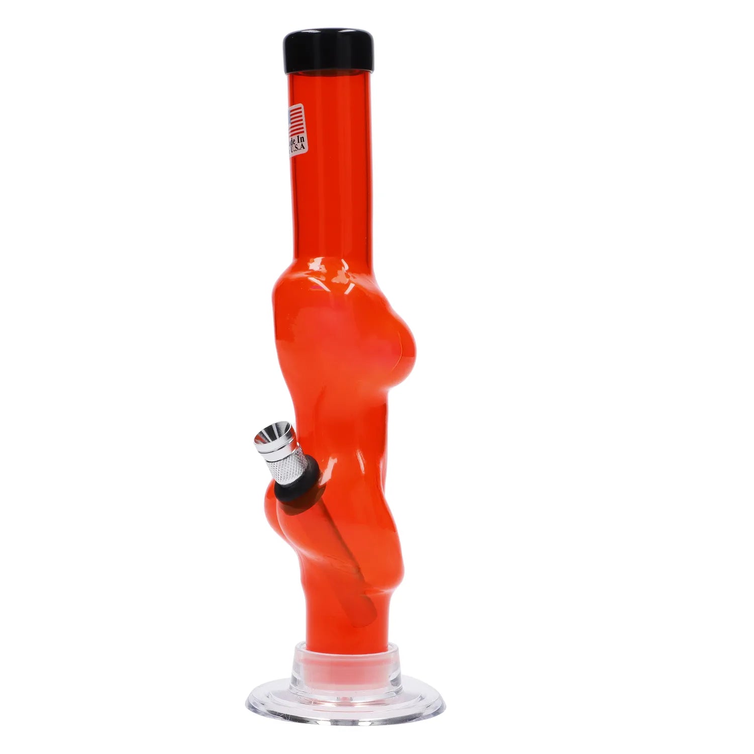A side view of the 8-inch JM Plastics Serving Body Acrylic Water Pipe, showcasing its uniquely shaped clear acrylic construction. A side view of the 8-inch JM Plastics Serving Body Acrylic Water Pipe, showcasing its uniquely shaped clear acrylic construction.