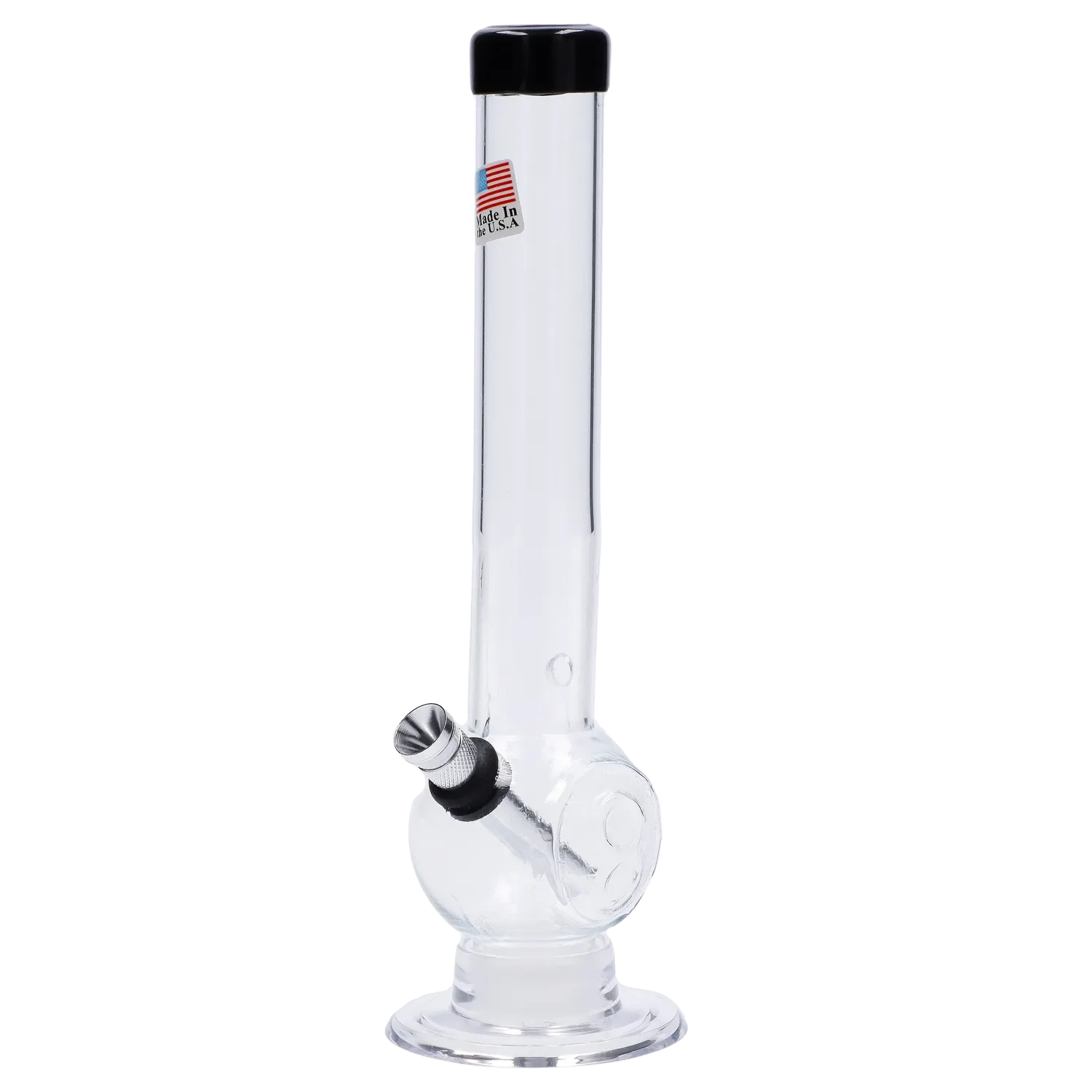 A front view of the 8-inch JM Plastics Magic 8 Ball Base acrylic water pipe, showing its clear construction and spherical base. A front view of the 8-inch JM Plastics Magic 8 Ball Base acrylic water pipe, showing its clear construction and spherical base.
