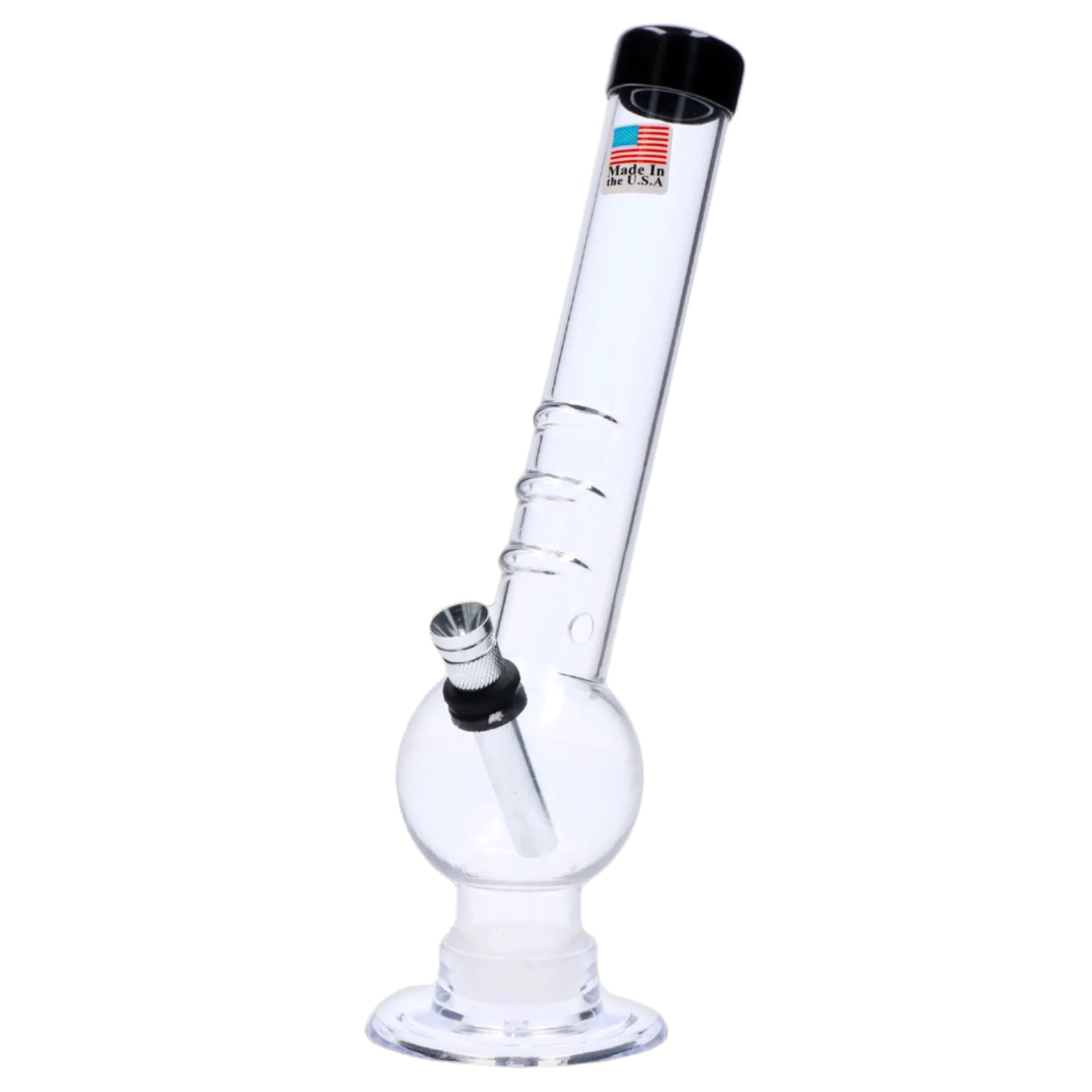 Front view of the 8-inch JM Plastics Bent Neck with Grip and Carb Hole Acrylic Water Pipe, showcasing its clear construction and curved neck. Front view of the 8-inch JM Plastics Bent Neck with Grip and Carb Hole Acrylic Water Pipe, showcasing its clear construction and curved neck.