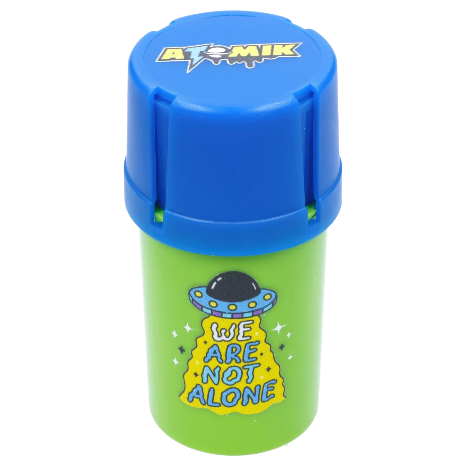 Front view of the Grind & Stash, a cylindrical container with a blue lid and clear body, angled slightly to the left. Front view of the Grind & Stash, a cylindrical container with a blue lid and clear body, angled slightly to the left.