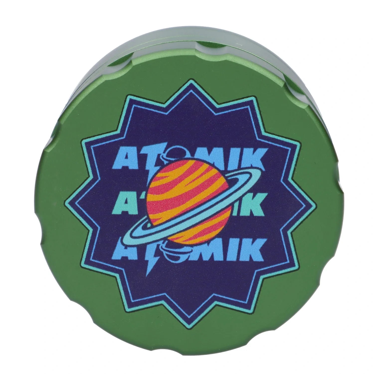 Front view of the Atomik 55 mm 3-Stage Grinder, showing its metallic, multi-tiered construction against a dark background. Front view of the Atomik 55 mm 3-Stage Grinder, showing its metallic, multi-tiered construction against a dark background.