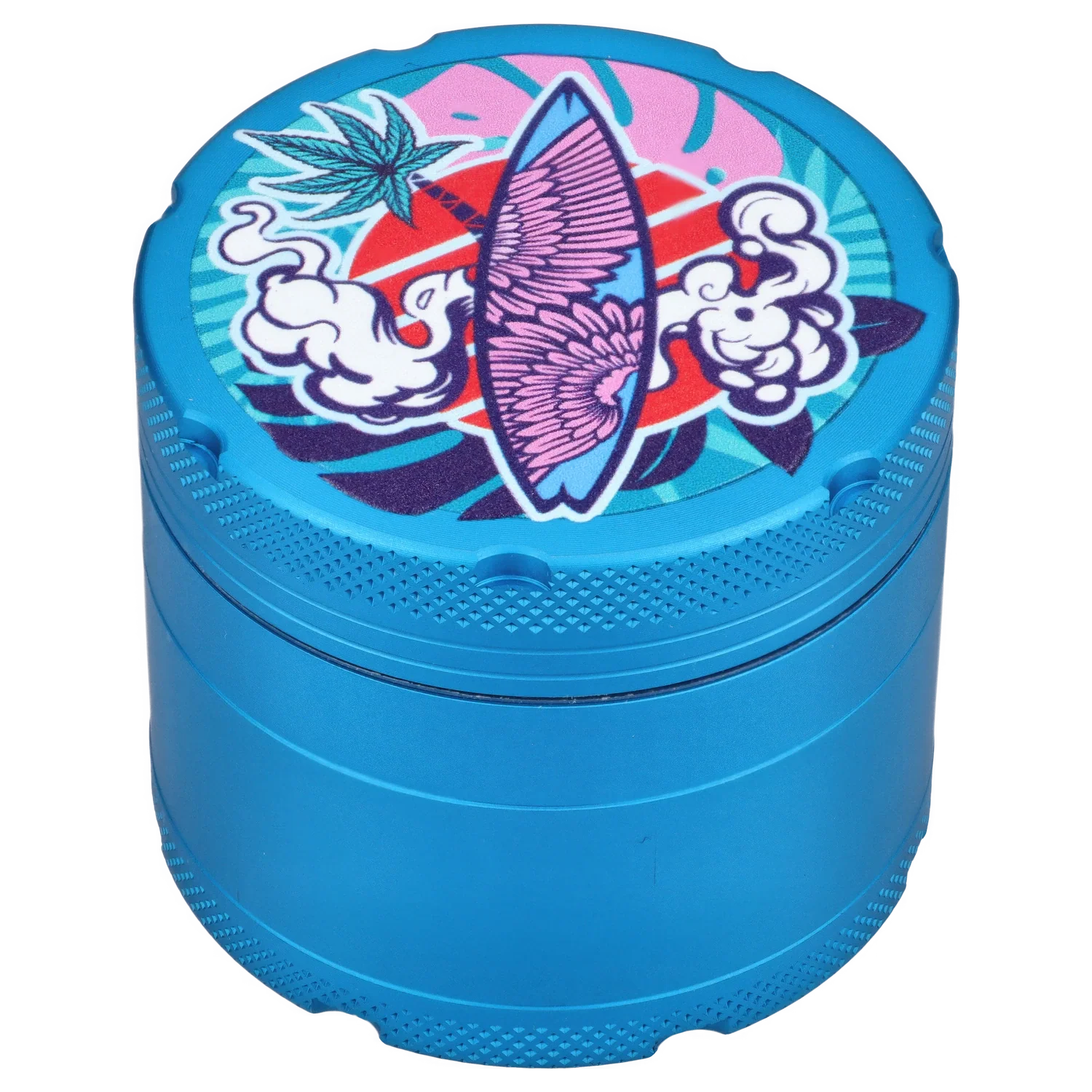 Front view of the Cabana Cannabis Co. 3-Stage Grinder Swell Blue, showing a circular design with detailed, swirling blue and white patterns. Front view of the Cabana Cannabis Co. 3-Stage Grinder Swell Blue, showing a circular design with detailed, swirling blue and white patterns.