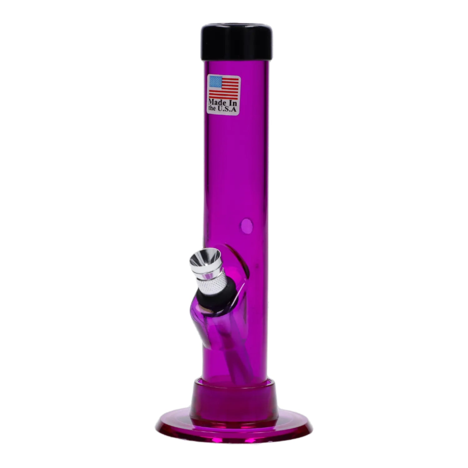 Front view of the 6-inch JM Plastics Mini Matching Straight Tube, a purple acrylic water pipe with a carb hole. Front view of the 6-inch JM Plastics Mini Matching Straight Tube, a purple acrylic water pipe with a carb hole.