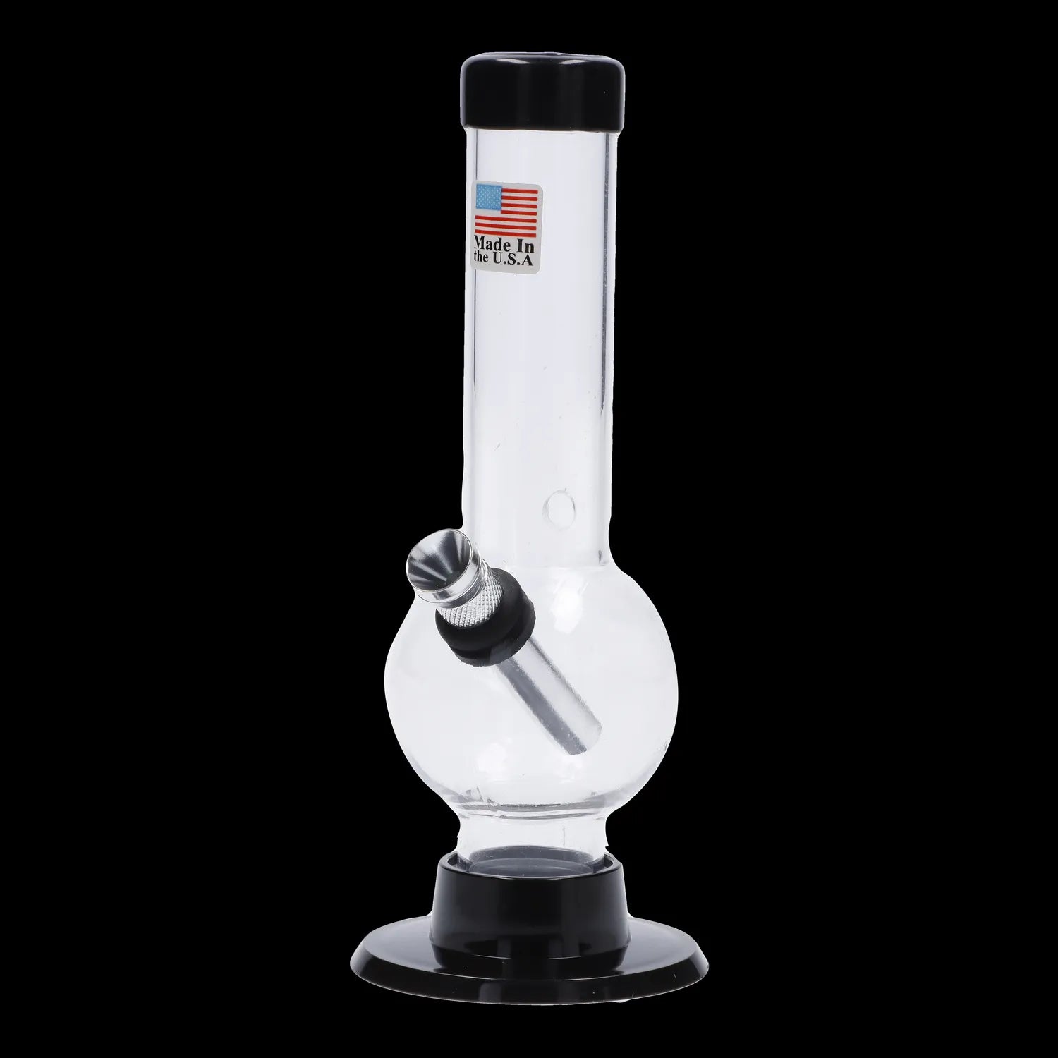 Front view of the JM Plastics Mini Bubble Base with Carb Hole Acrylic Water Pipe, a 6-inch clear pipe with a rounded base. Front view of the JM Plastics Mini Bubble Base with Carb Hole Acrylic Water Pipe, a 6-inch clear pipe with a rounded base.