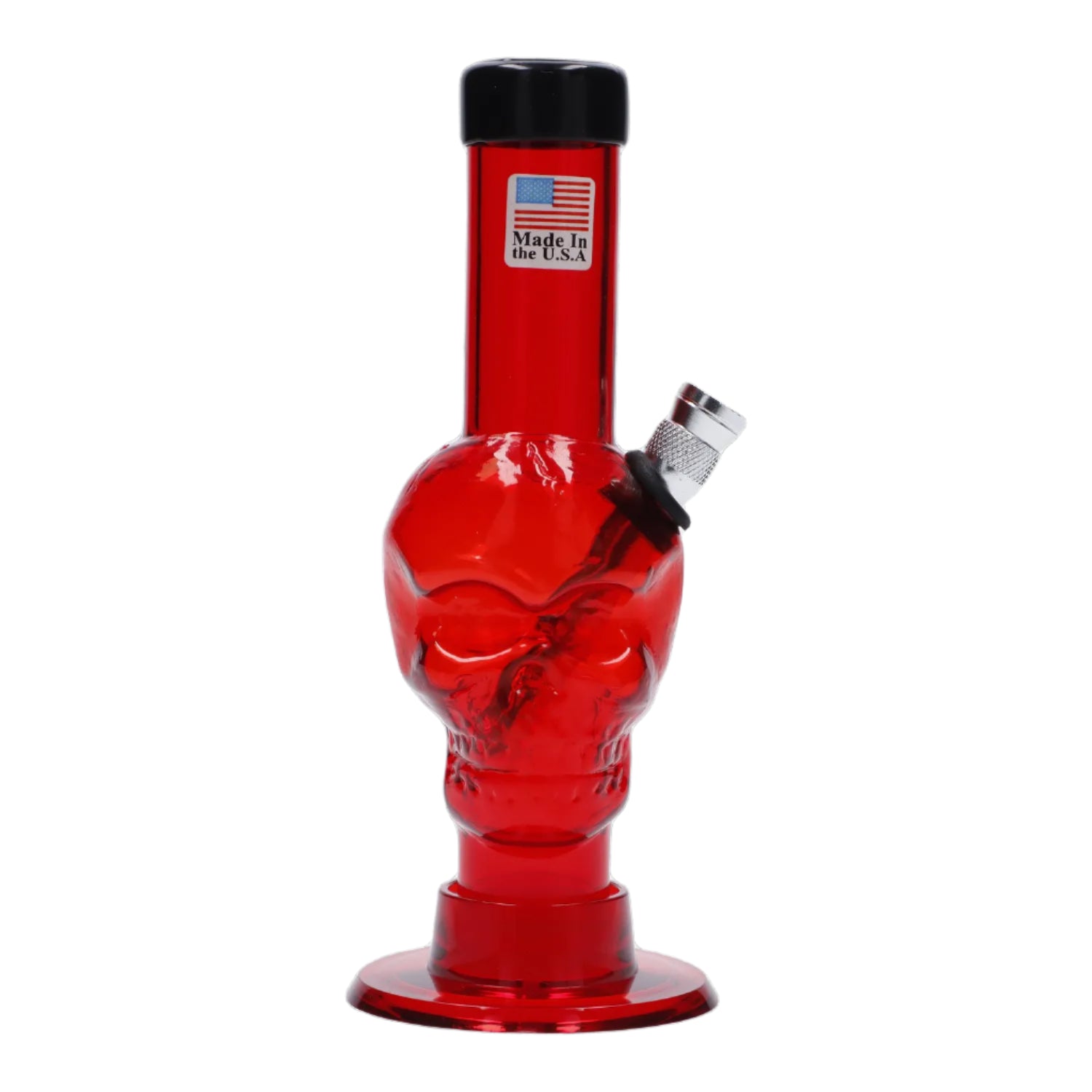 Front view of the 6-inch JM Plastics Mini Skull Base Acrylic Water Pipe, featuring a transparent red base and smooth acrylic construction. Front view of the 6-inch JM Plastics Mini Skull Base Acrylic Water Pipe, featuring a transparent red base and smooth acrylic construction.