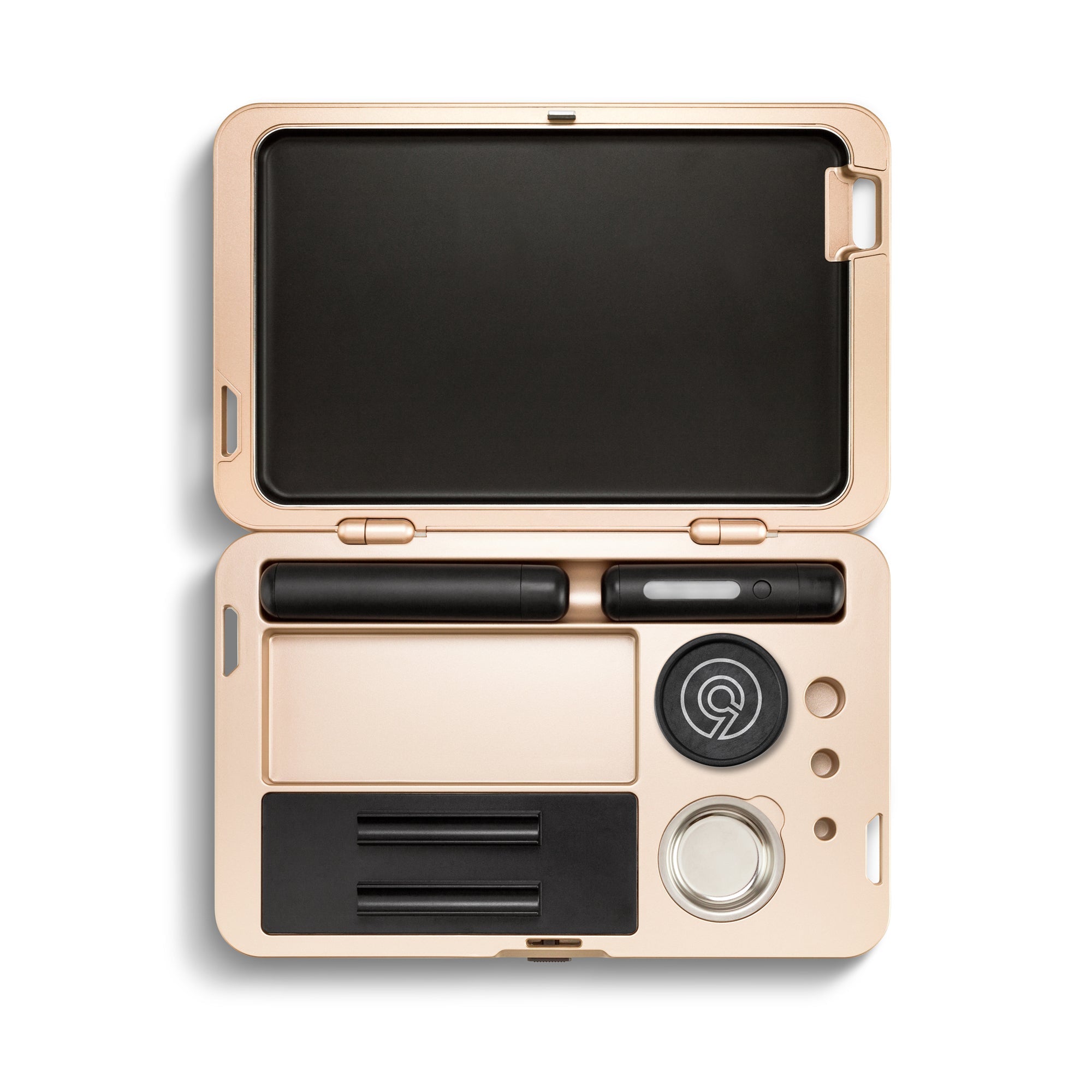 Overhead shot of the M.L.T.9 Portable Rolling Tray Survival Kit, showcasing its closed, metallic case and circular indentations. Overhead shot of the M.L.T.9 Portable Rolling Tray Survival Kit, showcasing its closed, metallic case and circular indentations.