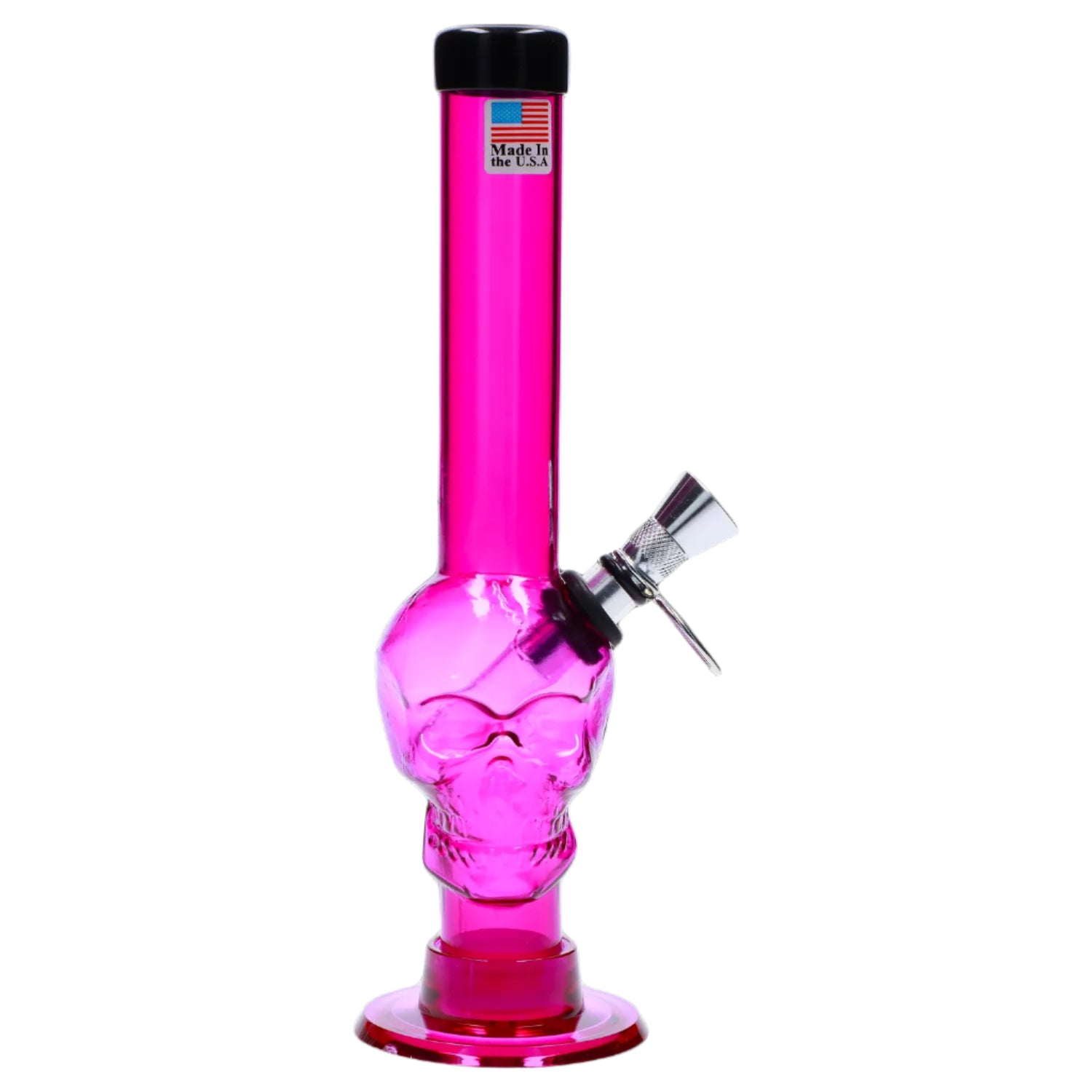 Front view of the 8-inch JM Plastics Skull Base with Pull Slide Acrylic Water Pipe, showcasing its clear pink construction. Front view of the 8-inch JM Plastics Skull Base with Pull Slide Acrylic Water Pipe, showcasing its clear pink construction.