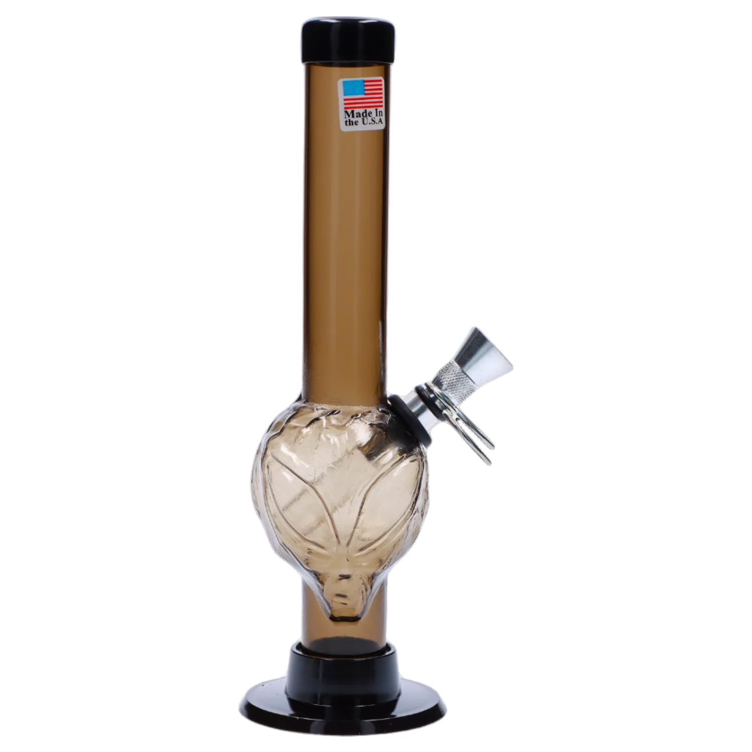 Front view of the 8-inch JM Plastics Alien Base with Pull Slide Acrylic Water Pipe, showing the transparent body and unique base design. Front view of the 8-inch JM Plastics Alien Base with Pull Slide Acrylic Water Pipe, showing the transparent body and unique base design.