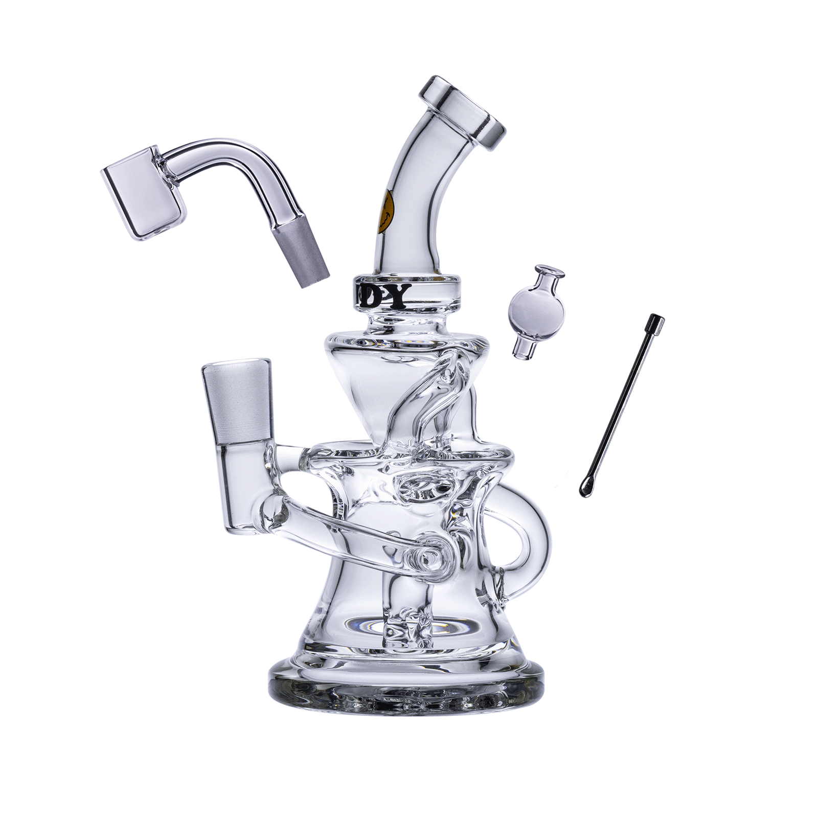 A three-quarter view of the Miss Swiss Mini Dab Rig 4-Piece Kit, displaying the clear glass rig with included tools on a plain white background. A three-quarter view of the Miss Swiss Mini Dab Rig 4-Piece Kit, displaying the clear glass rig with included tools on a plain white background.