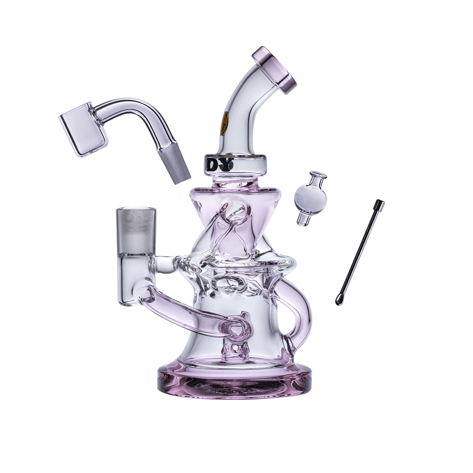 A three-quarter view of the Miss Swiss Mini Dab Rig 4-Piece Kit, showing its clear glass construction and included accessories. A three-quarter view of the Miss Swiss Mini Dab Rig 4-Piece Kit, showing its clear glass construction and included accessories.