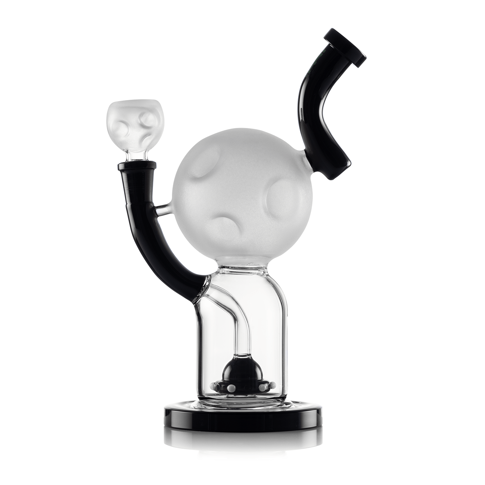 Front view of the XL Moon Bong, a clear glass water pipe with a rounded base and dark mouthpiece. Front view of the XL Moon Bong, a clear glass water pipe with a rounded base and dark mouthpiece.