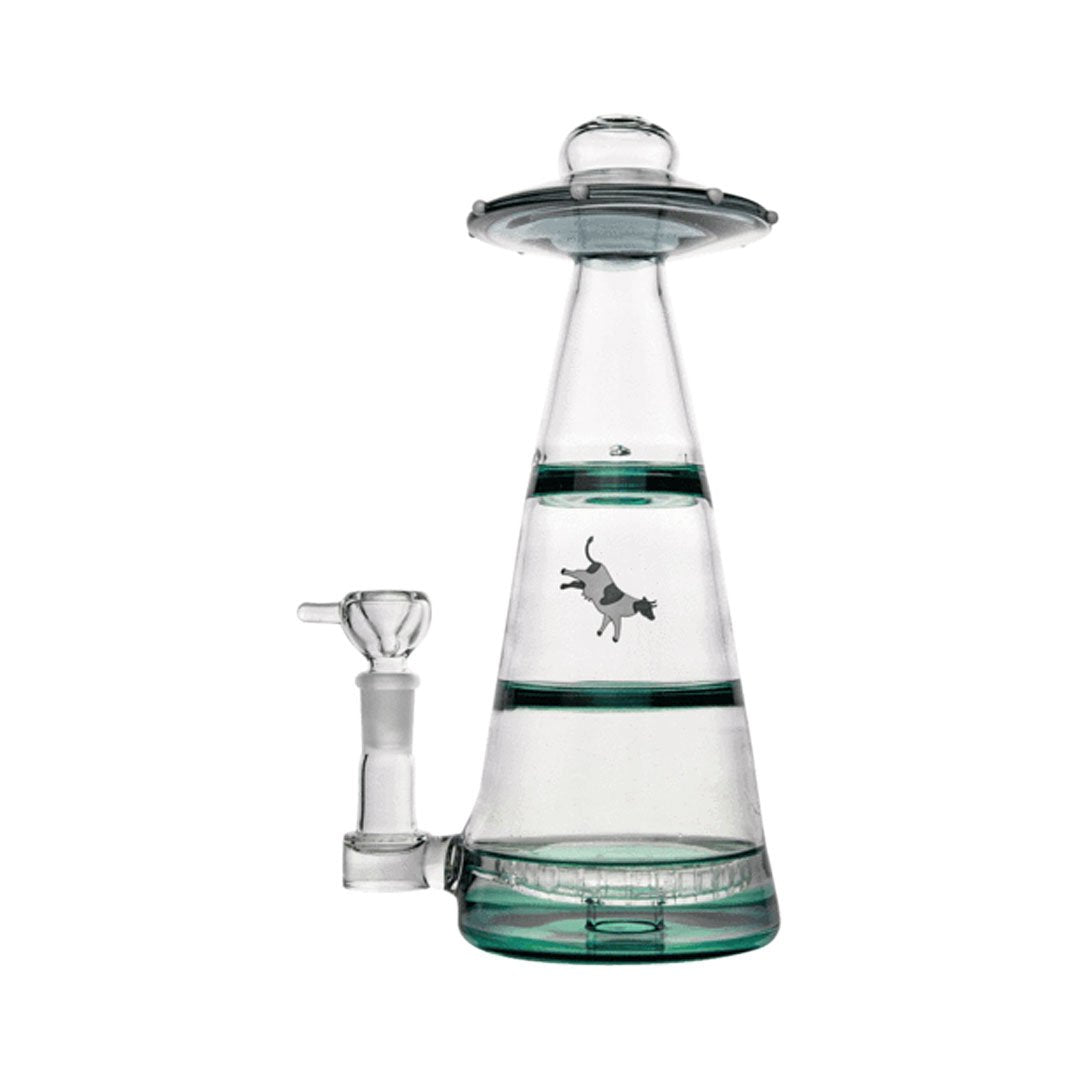 A three-quarter view of the Mothership UFO XL Bong, showcasing its clear glass construction and unique, stacked design. A three-quarter view of the Mothership UFO XL Bong, showcasing its clear glass construction and unique, stacked design.