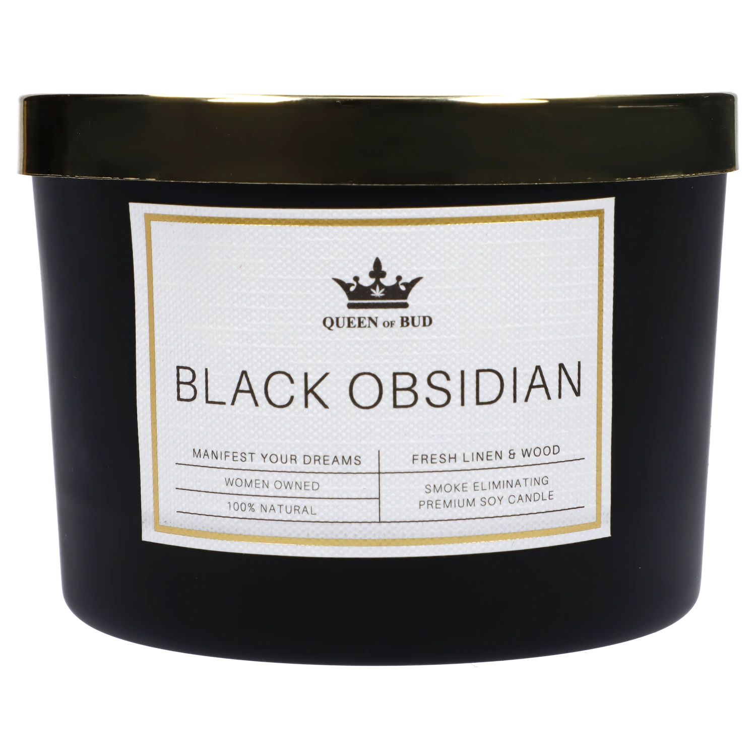 Front view of the Premium Soy Candle, a black glass container with a white label, centered on a plain white background. Front view of the Premium Soy Candle, a black glass container with a white label, centered on a plain white background.