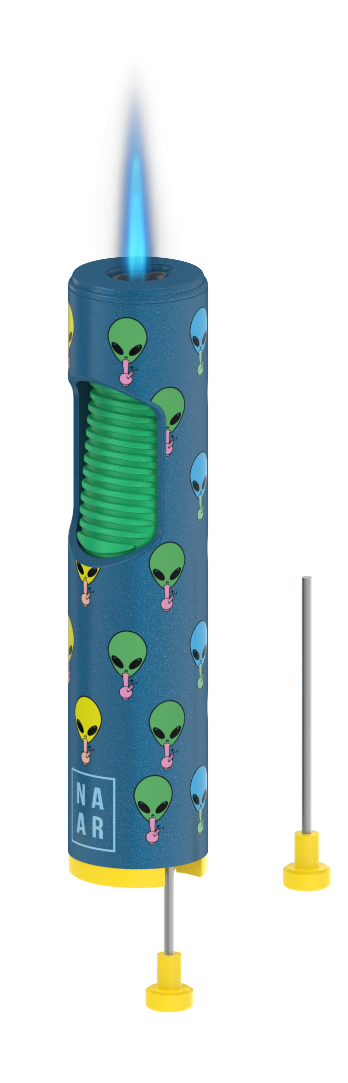 A close-up, angled view of the Jet Lighter with a blue flame, decorated with repeated alien graphics. A close-up, angled view of the Jet Lighter with a blue flame, decorated with repeated alien graphics.
