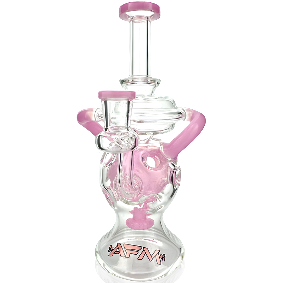 A three-quarter view of the Swiss Color Glass Recycler Rig, featuring intricate glasswork and a colorful design. A three-quarter view of the Swiss Color Glass Recycler Rig, featuring intricate glasswork and a colorful design.